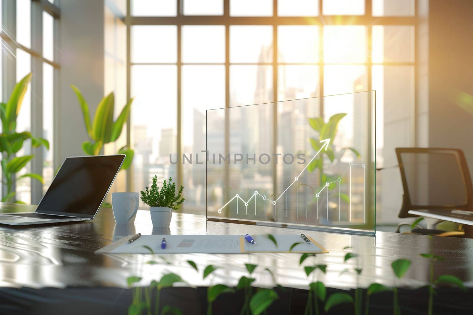 A sleek office with abundant natural light showcases a digital growth graph beside laptops and greenery, creating an inspiring and productive workspace.