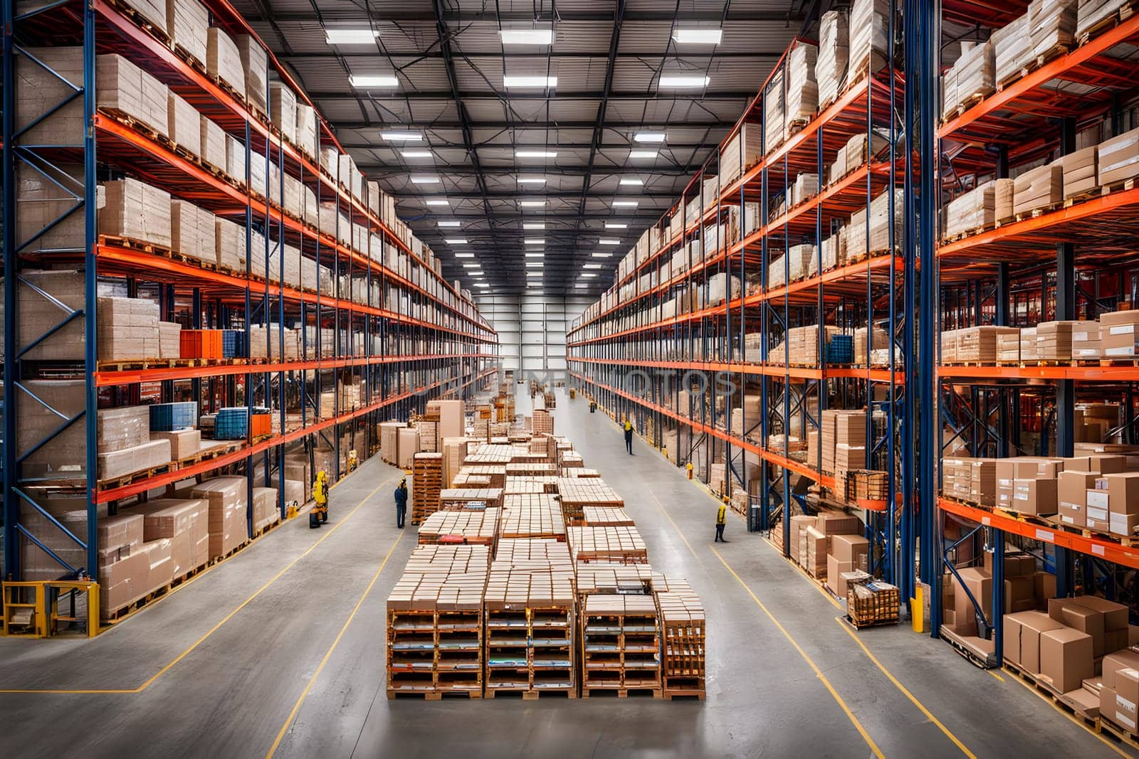 Inside a large warehouse, workers organize and move pallets stacked high on shelves. The layout features numerous rows of neatly arranged boxes and materials, showcasing efficient logistics and storage practices in a busy environment.