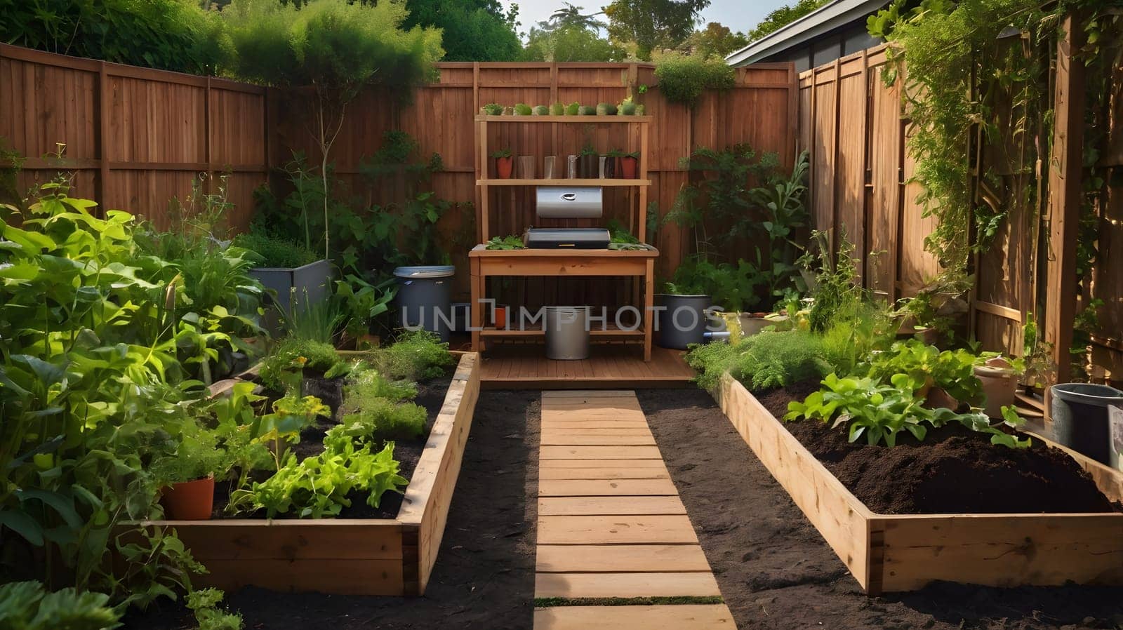 A vibrant vegetable garden features expansive wooden raised beds filled with various herbs and greens. A central wooden table with a grill is positioned among the lush greenery, surrounded by decorative plant pots and a wooden fence.