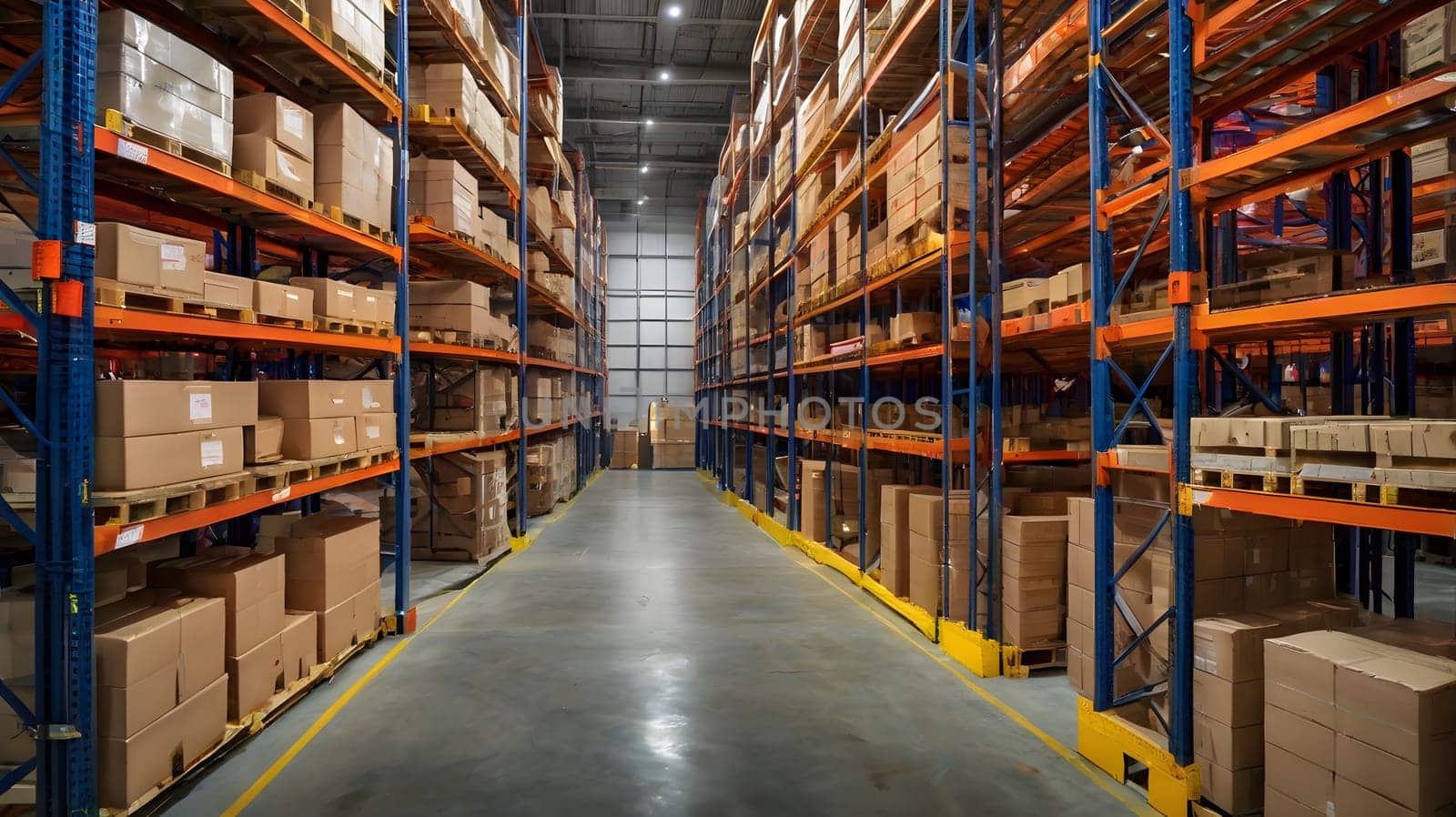 A spacious warehouse is filled with neatly arranged shelves stacked high with cardboard boxes. The aisle between the shelves is wide, allowing easy access for workers. The lighting is bright, enhancing the organized layout of storage.