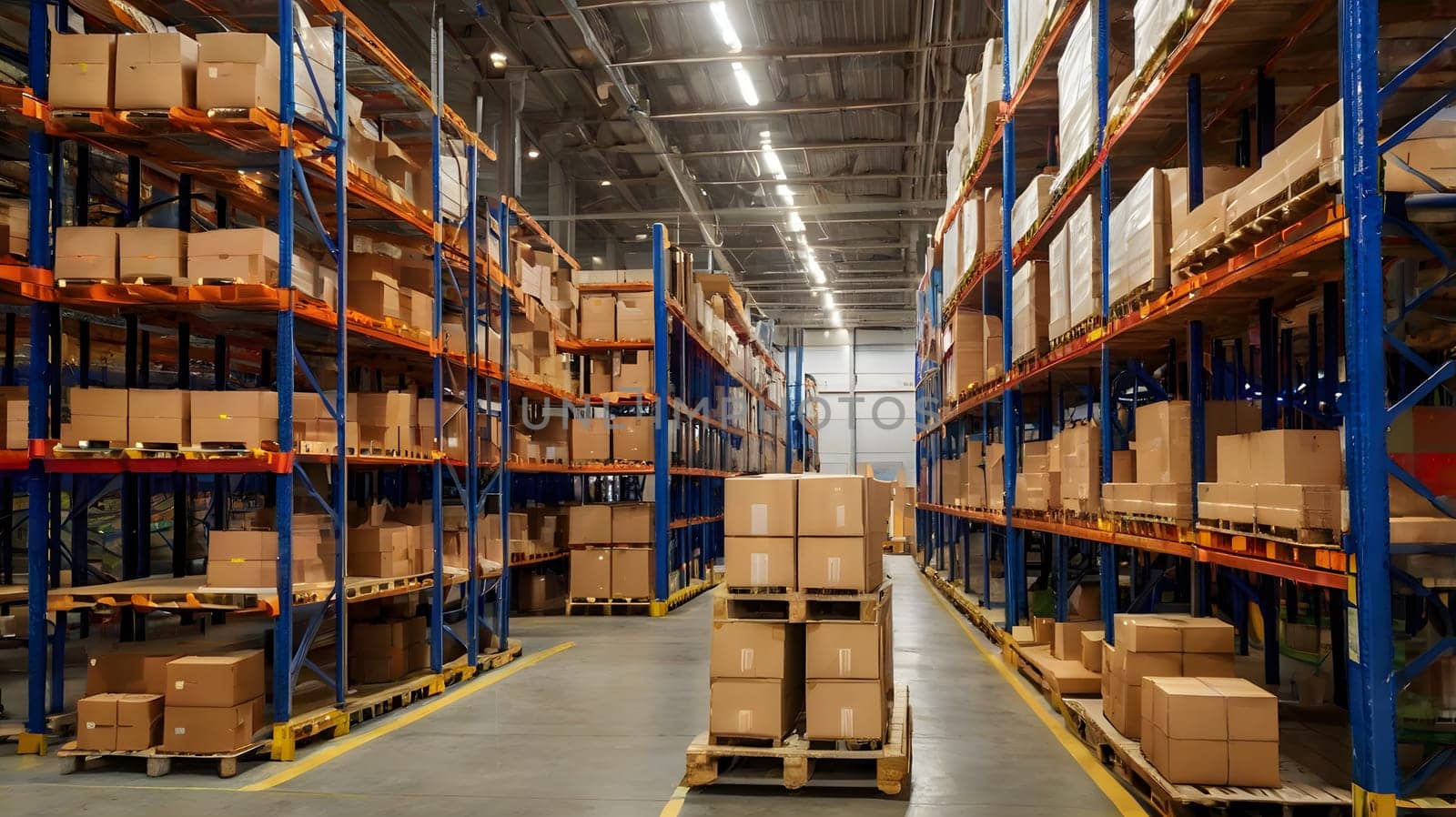 The spacious warehouse features tall shelves filled with neatly stacked cardboard boxes. Wooden pallets are positioned throughout the floor, indicating a well-organized storage system. Bright overhead lights illuminate the aisles, enhancing visibility for efficient inventory management.