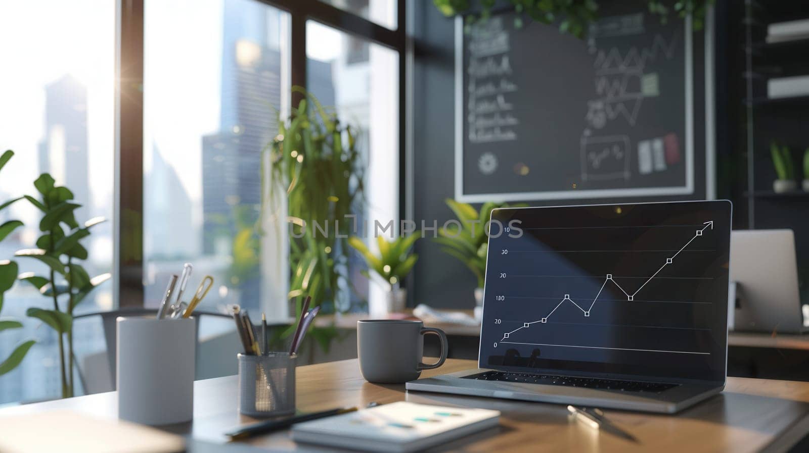 A sleek office features a laptop displaying a growing graph, surrounded by plants and office supplies, all illuminated by abundant natural light.