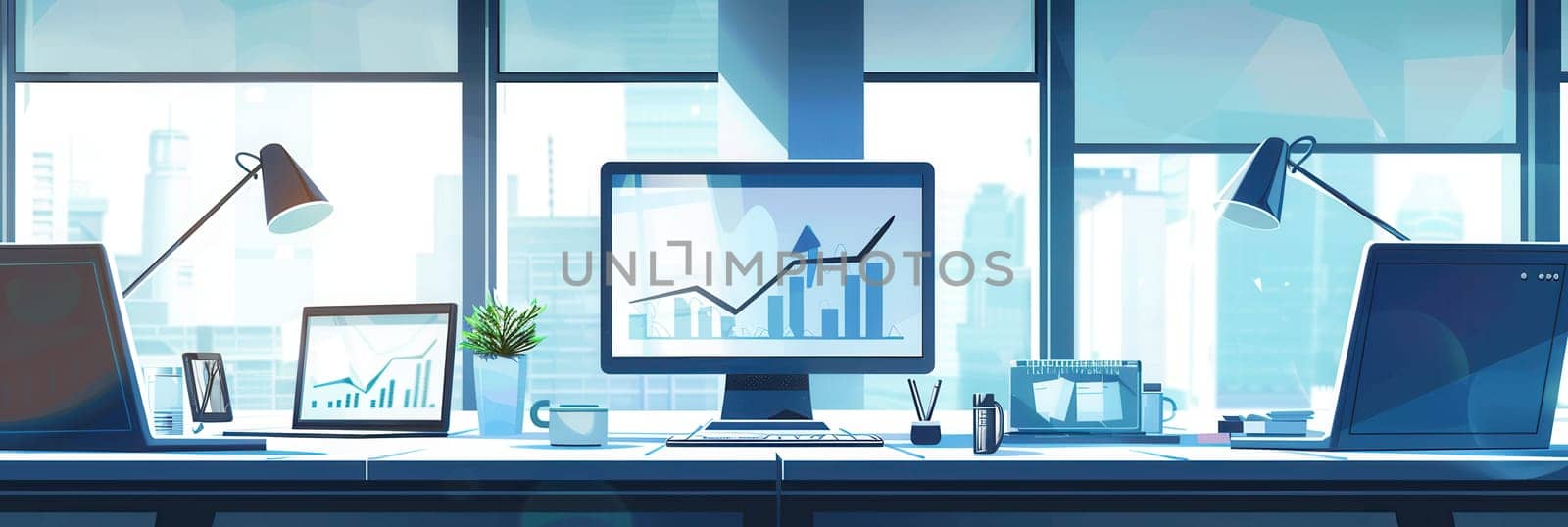 A bright and modern office features large windows, dual computer monitors displaying graphs, and a green plant, creating an inspiring work environment.