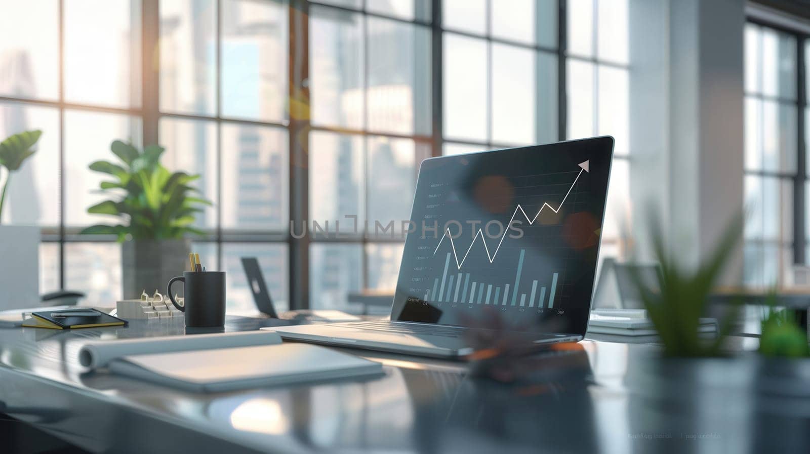 Natural light fills a sleek office where a laptop displays a rising graph amidst greenery and business materials on a polished desk.