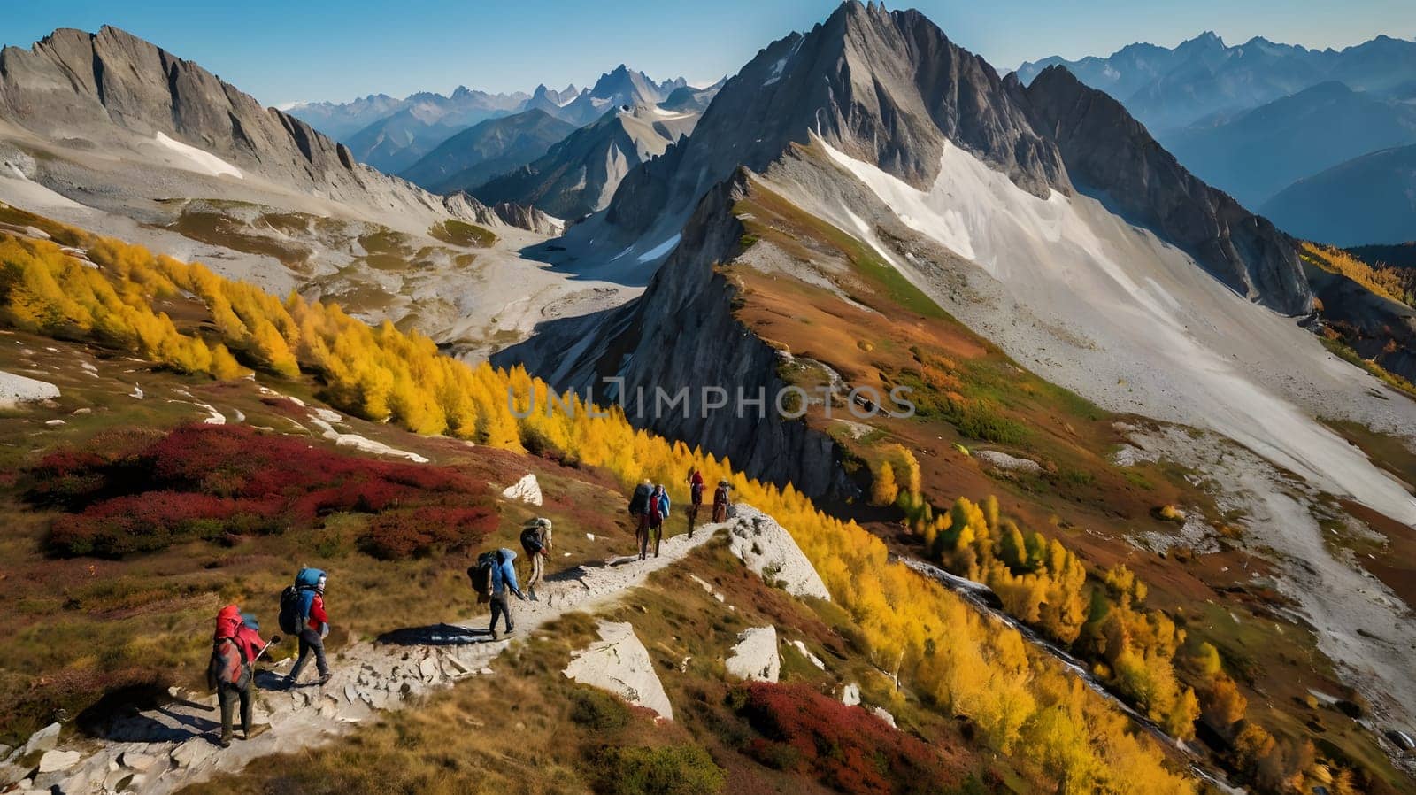 A group of hikers navigates a rocky trail surrounded by stunning mountain peaks and colorful autumn trees. The scenery showcases vibrant yellow and red foliage, highlighting the beauty of nature during the fall season while the trail leads deeper into the wilderness.