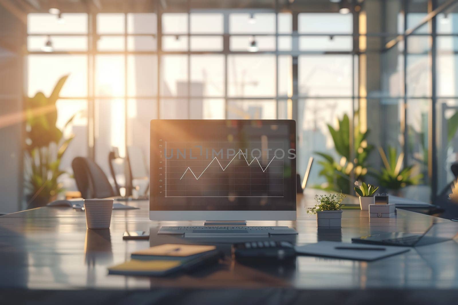A contemporary office filled with sunlight showcases a computer displaying growth charts among stylish decor and plants.