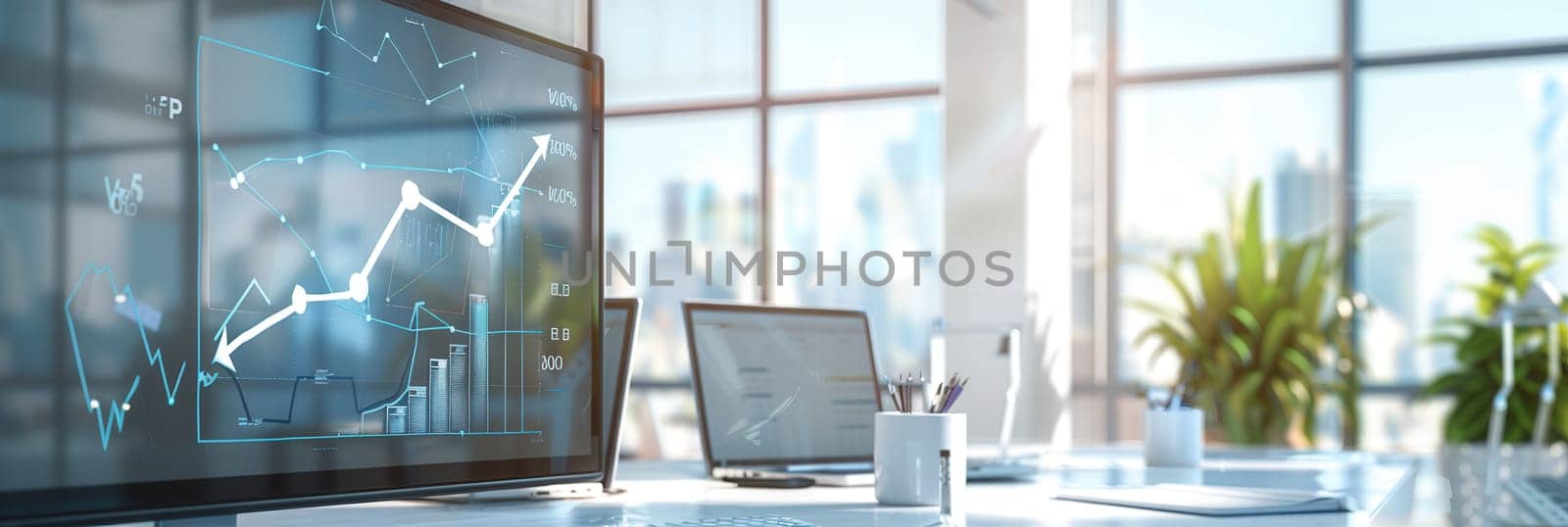 The office space showcases sleek furnishings, large windows allowing sunlight, and displays of digital graphs indicative of active work.