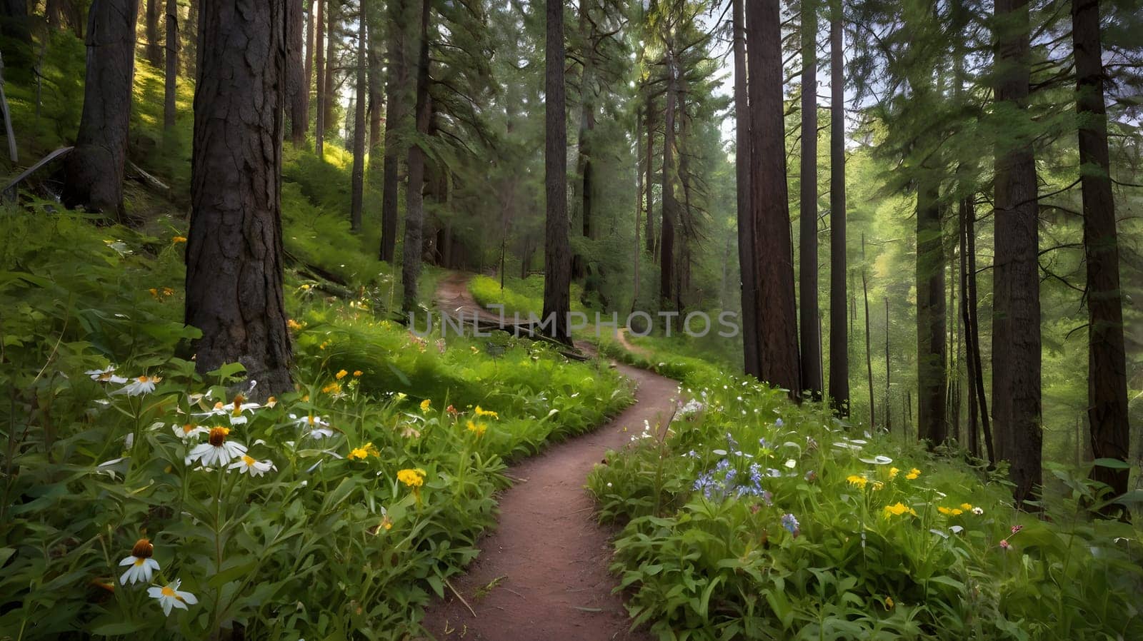 A serene path winds through a vibrant forest filled with tall trees and colorful wildflowers. Sunlight filters through the leaves, illuminating the peaceful surroundings and creating a tranquil atmosphere perfect for a leisurely walk.