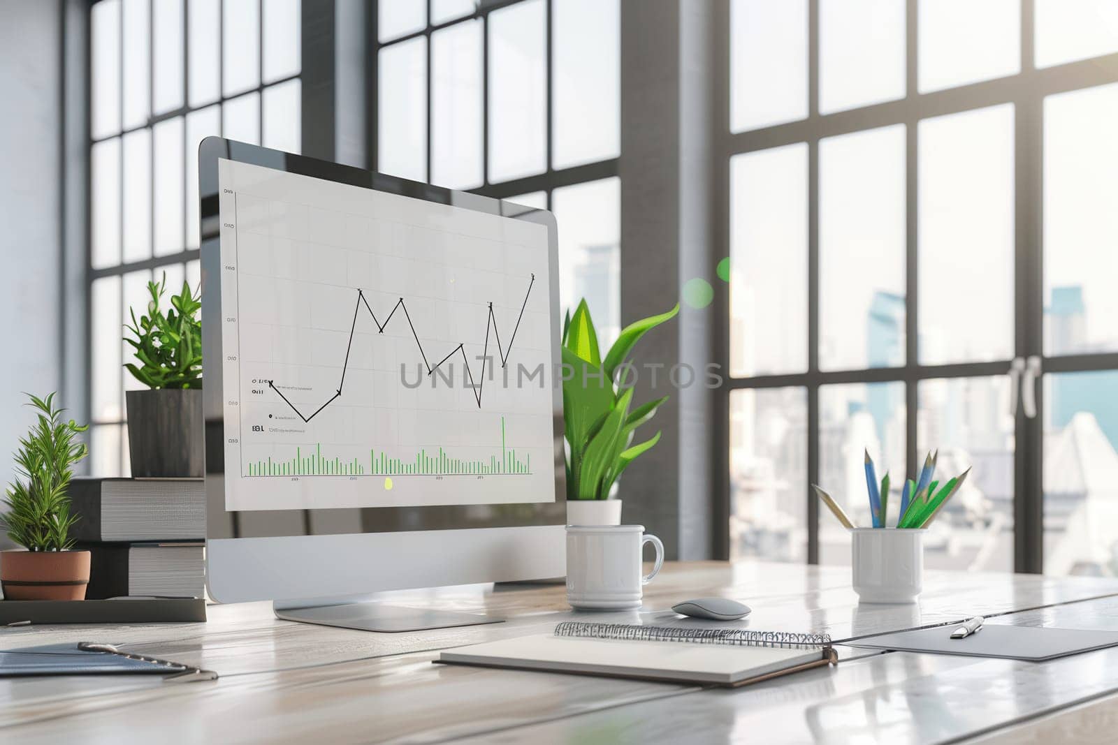 A bright office workspace showcases a computer displaying data trends beside plants, notebooks, and stationery, creating an inviting atmosphere.