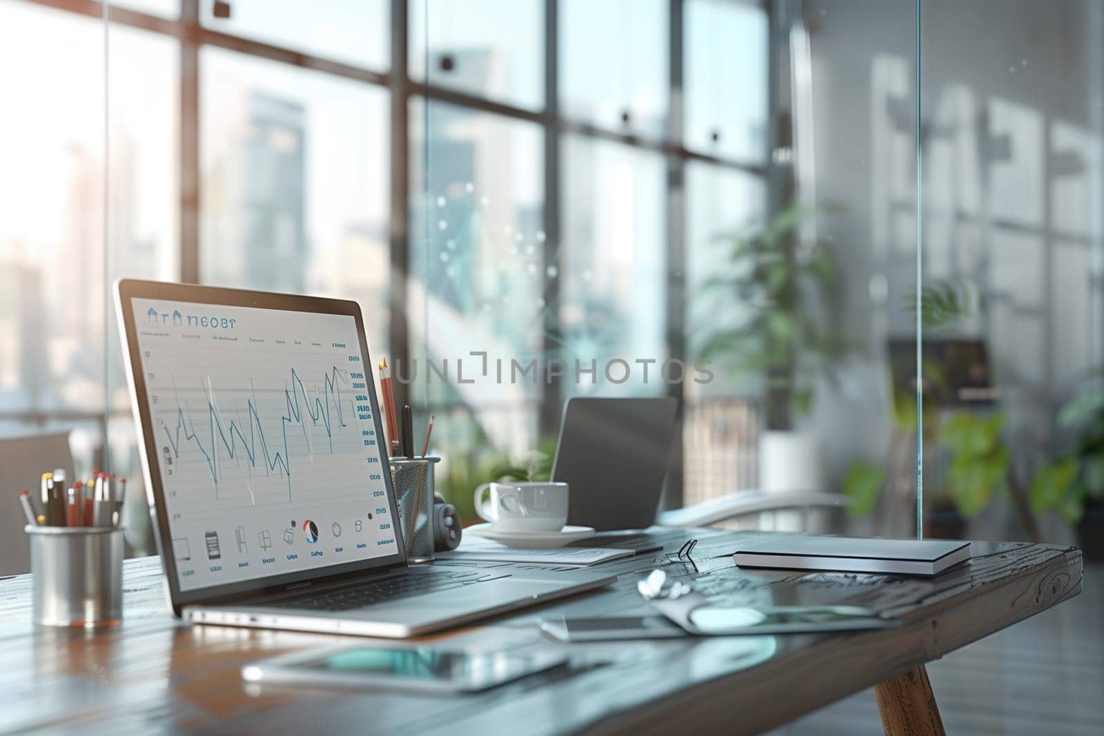 A sleek office workspace showcases a laptop displaying data analytics, surrounded by plants and office supplies, illuminated by abundant natural light.