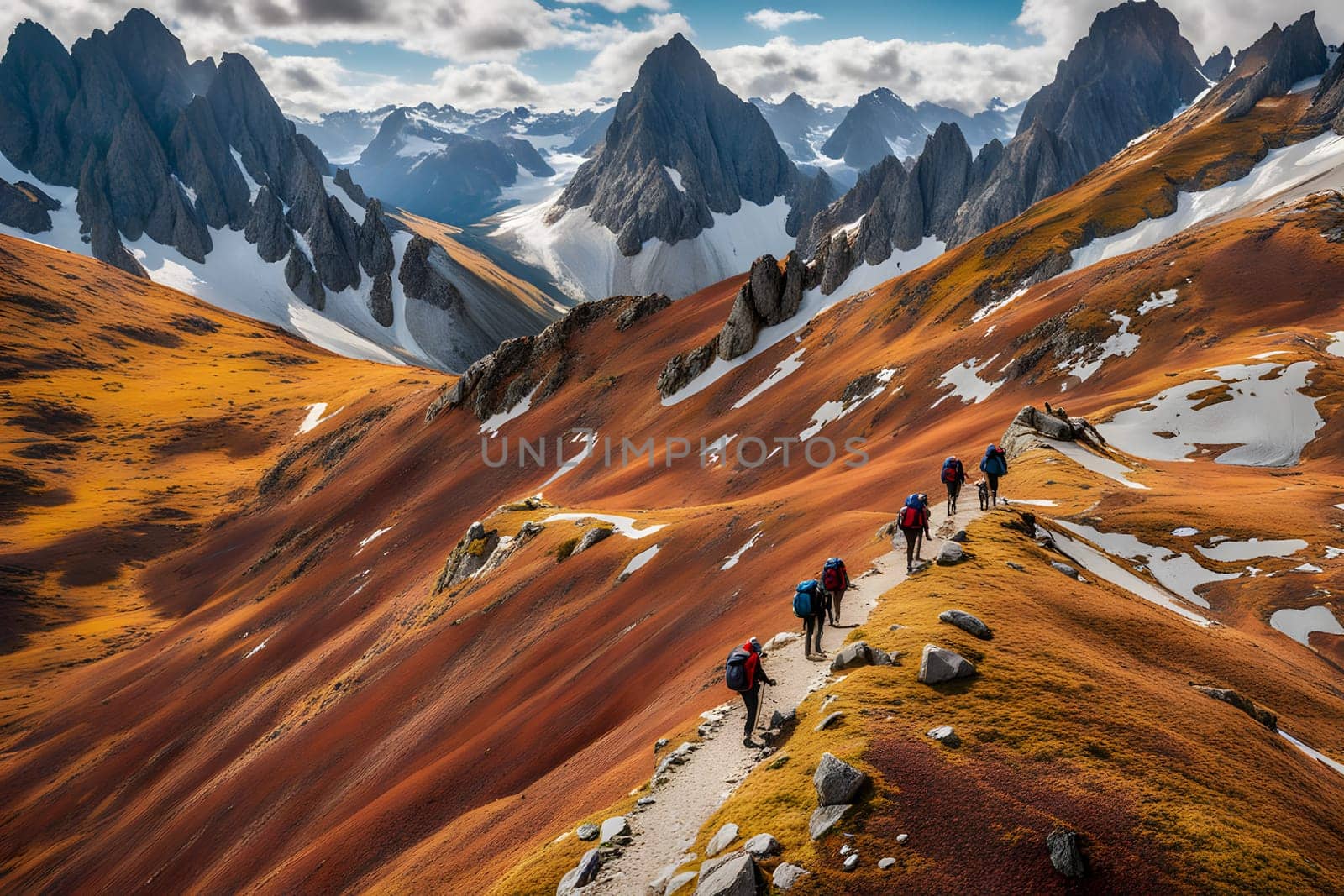 A group of hikers makes their way along a winding trail, surrounded by vibrant autumn foliage and towering rugged peaks. The golden and red hues of the landscape contrast beautifully with the snow-capped mountain tops beneath a partly cloudy sky.