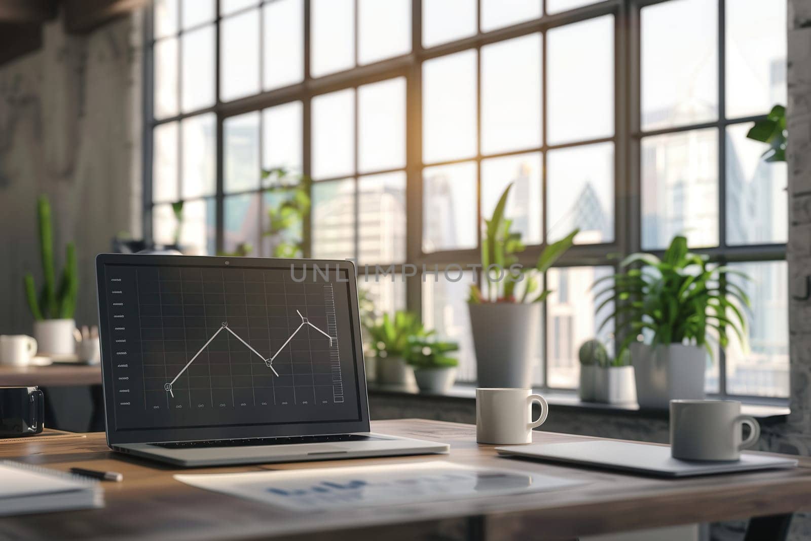 A sleek office environment with large windows allows sunlight to illuminate a workspace featuring a laptop with graphical data and minimalist decor.
