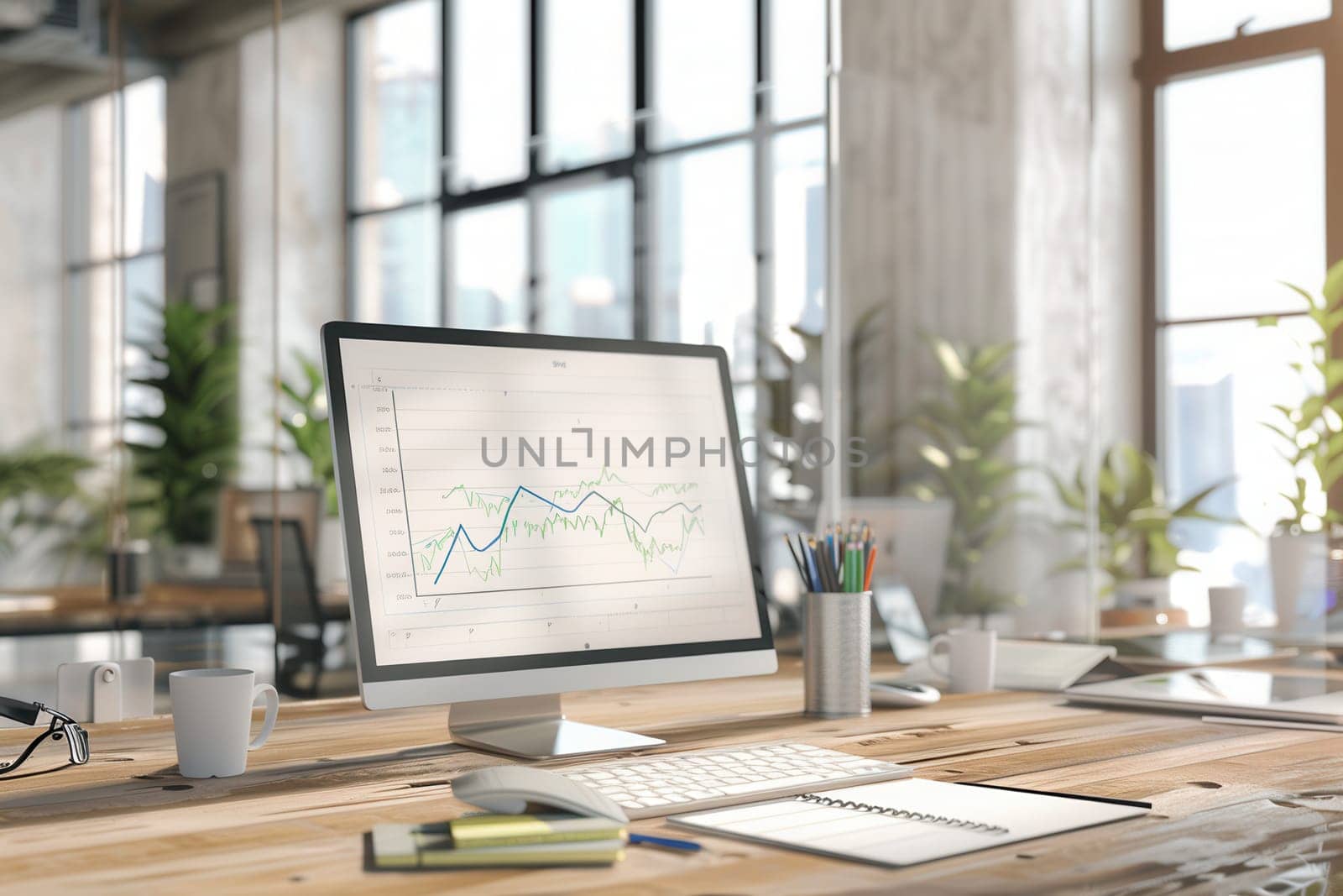 A sleek office filled with natural light features a computer displaying analytics, alongside plants and office supplies on a wooden desk.