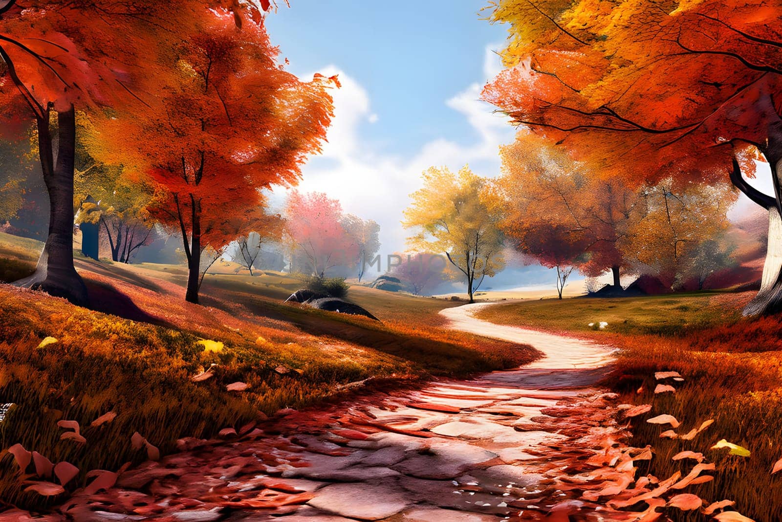 A winding path leads through vibrant autumn foliage, showcasing shades of orange, red, and yellow. The tranquil setting invites leisurely walks under a clear blue sky, surrounded by picturesque scenery that captures the essence of fall.
