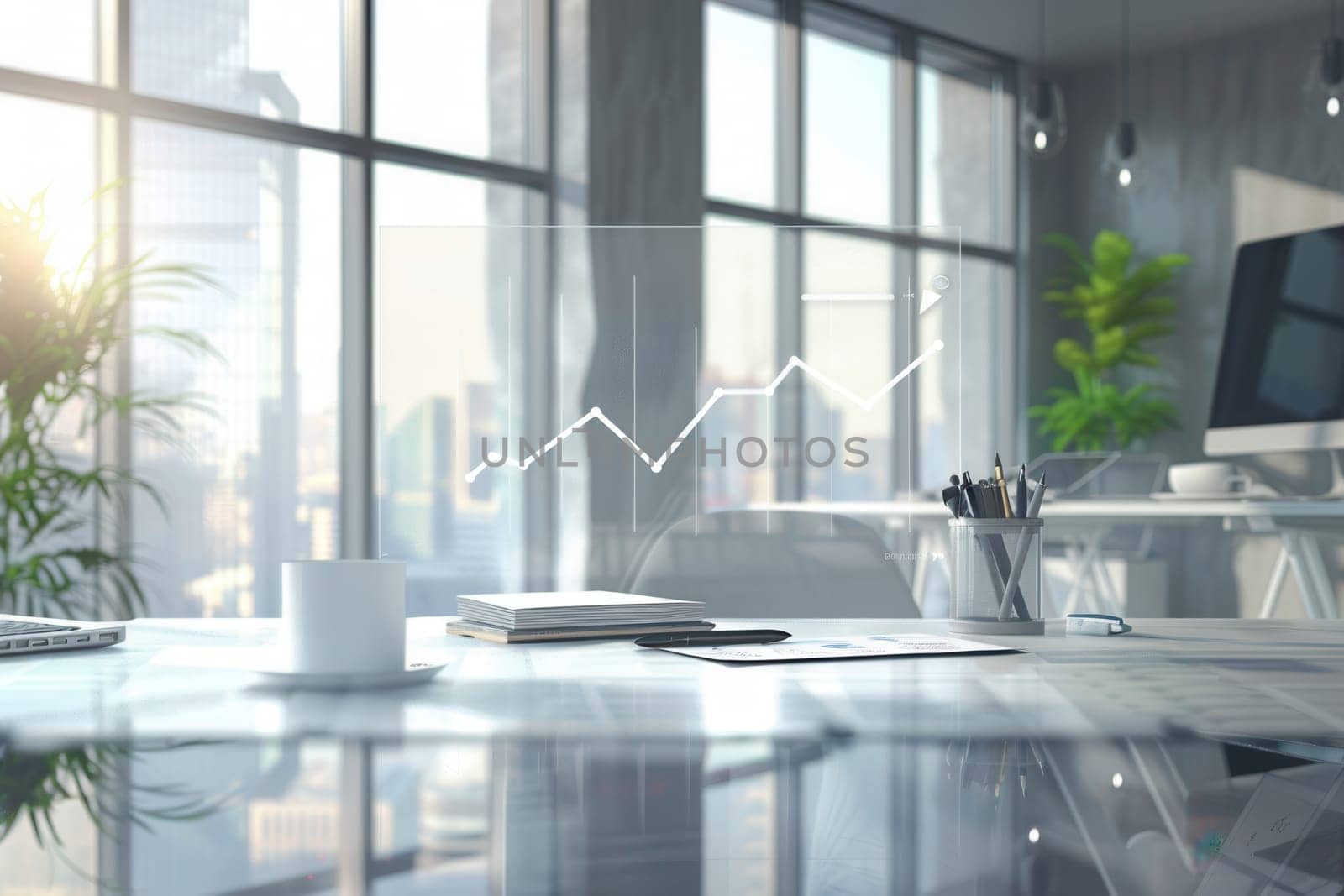 A sleek, contemporary office showcases a bright atmosphere with sunlight filtering through expansive windows, featuring stylish furnishings and a vibrant urban backdrop.
