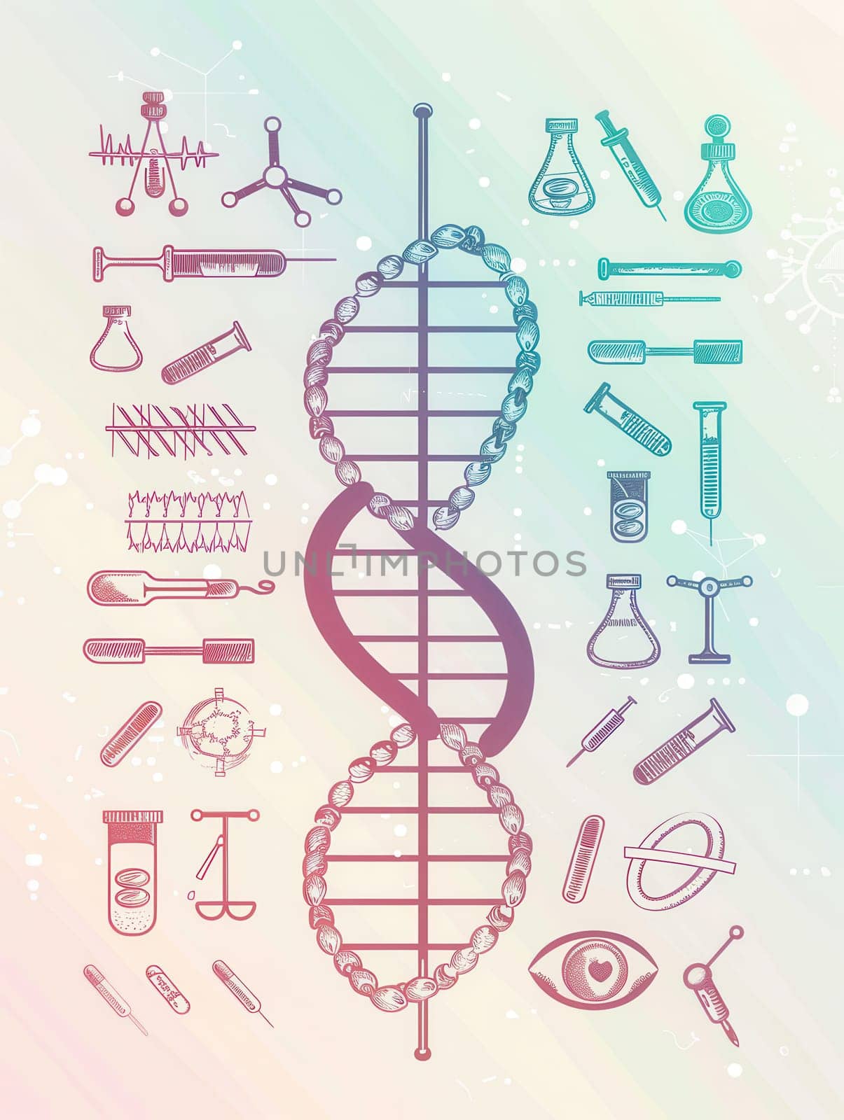A double helix DNA strand is illustrated among various medical icons like test tubes and microscopes, showcasing the intersection of science and health.