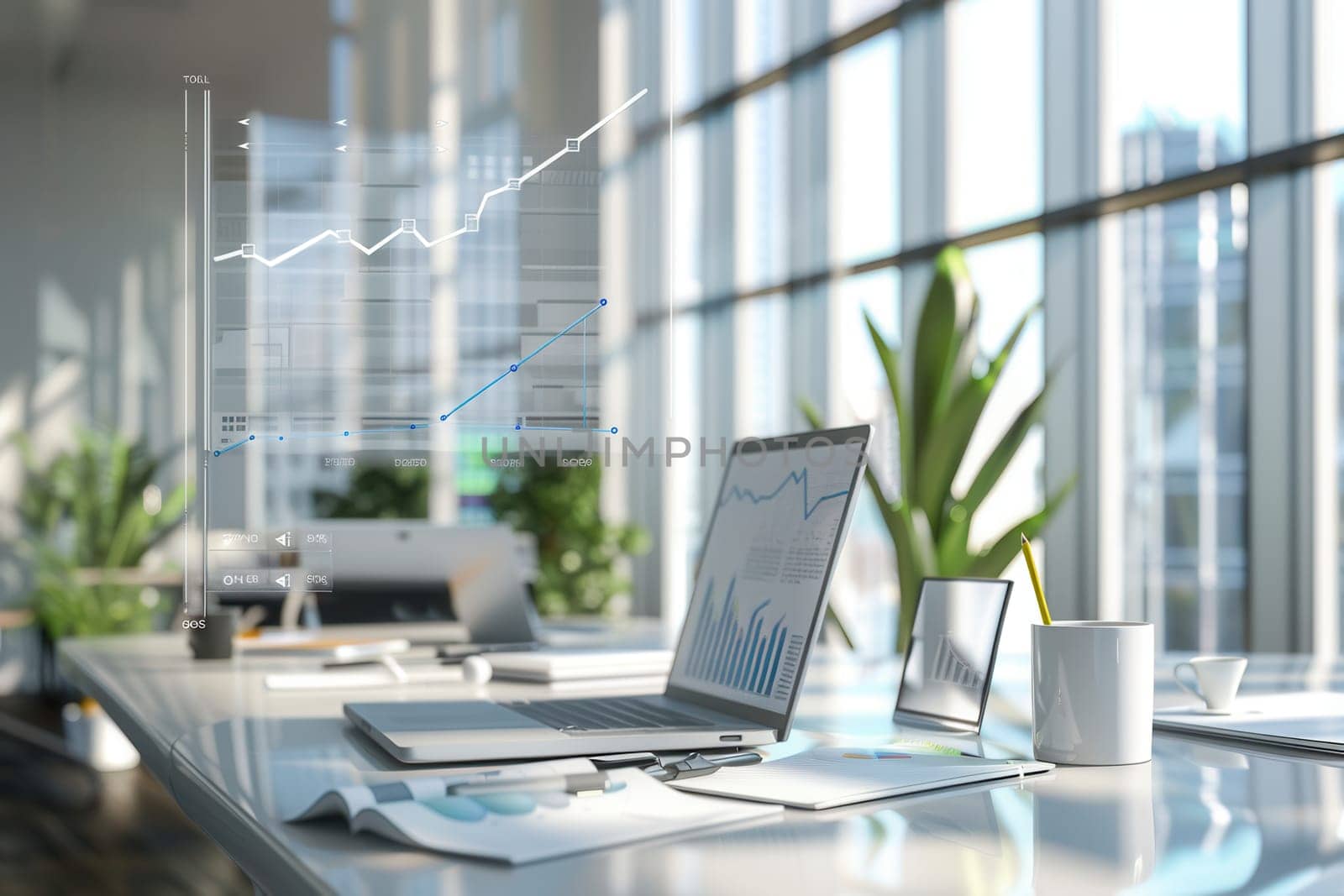 A contemporary office showcases large windows, sleek workstations, and digital graphs, creating an inviting and productive atmosphere.