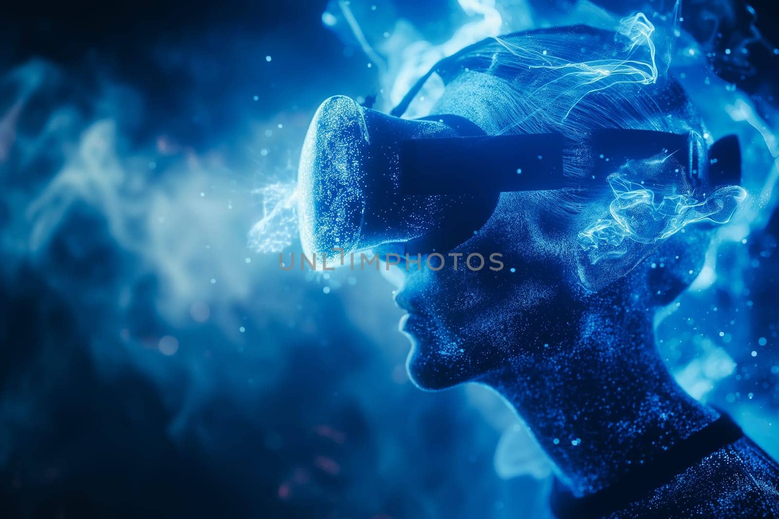 Young beautiful woman wearing a VR headset and experiencing a virtual reality simulation, metaverse and cyberspace concept