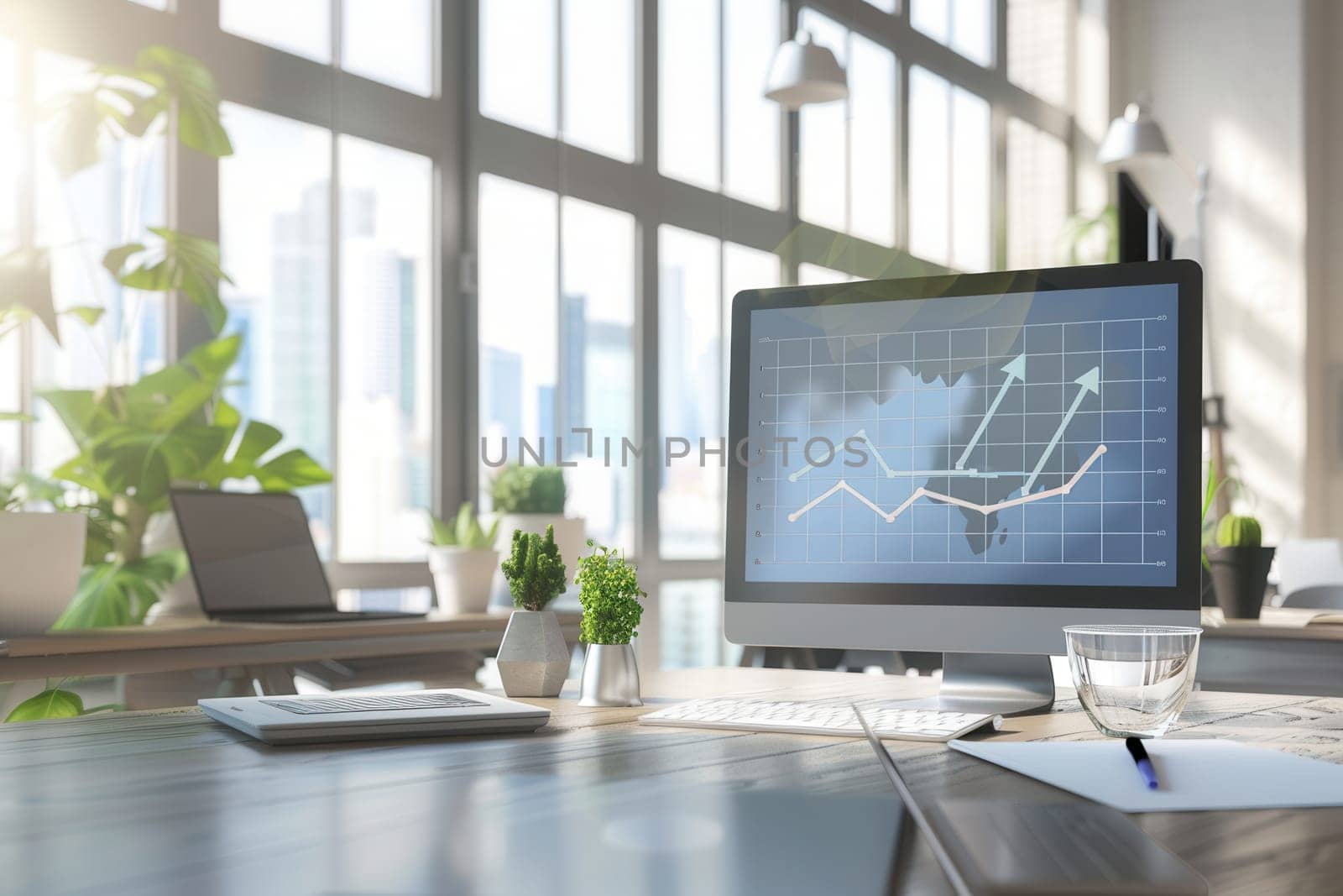 Natural light floods a modern office with greenery, showcasing a computer screen displaying growth trends against the city's skyline.