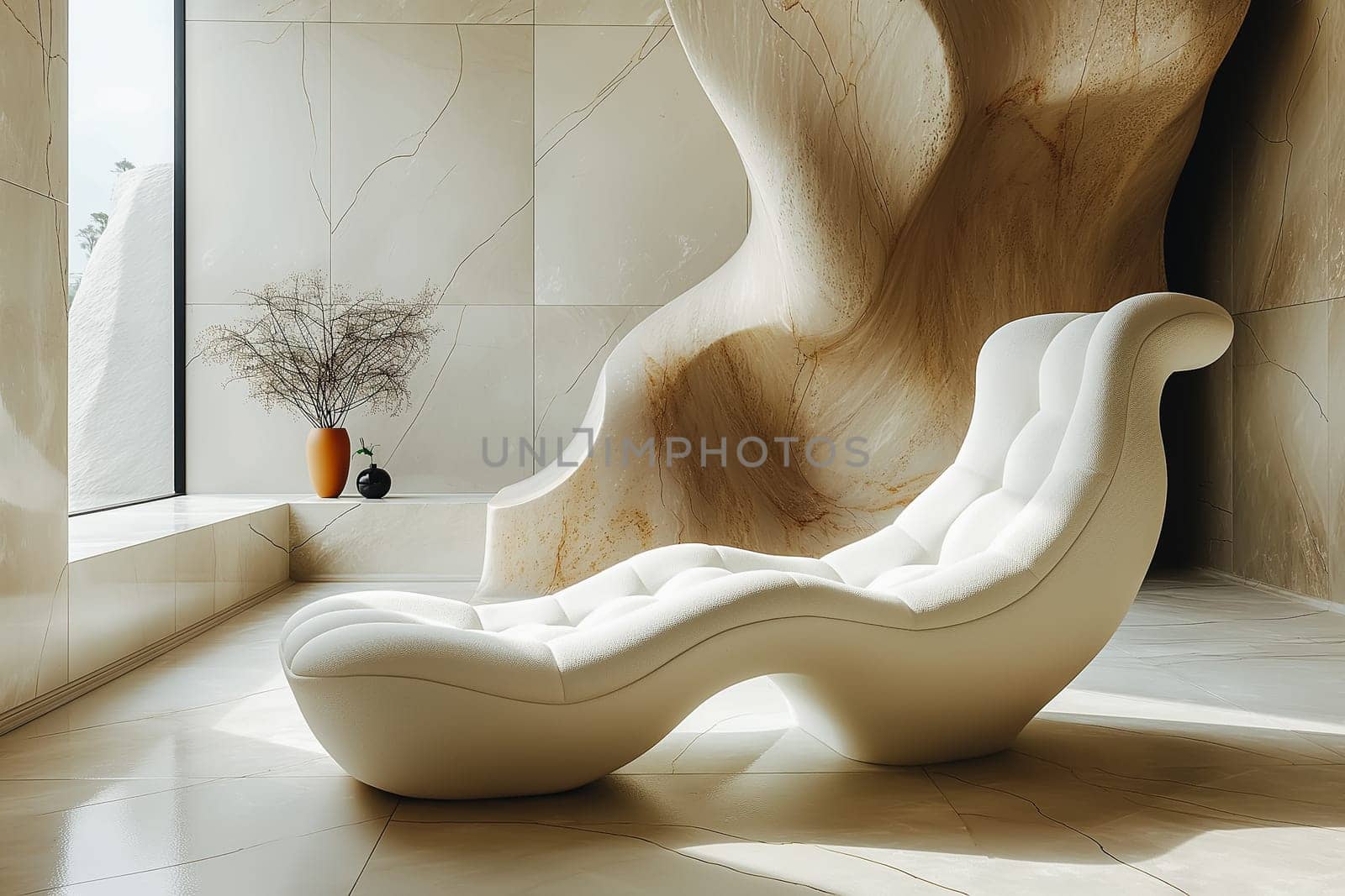 Warm and cozy composition of living room interior with copy space, stylish rattan chair. Home decor. Template.