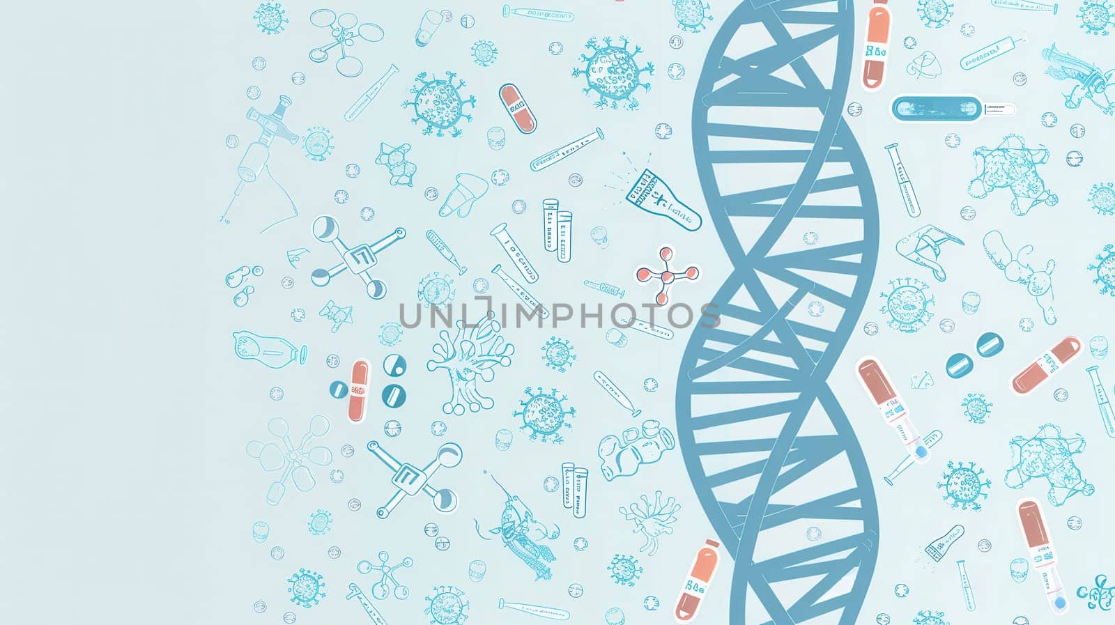 A double helix DNA strand is surrounded by various medical icons like microscopes, test tubes, and stethoscopes, showcasing a scientific theme in a laboratory.