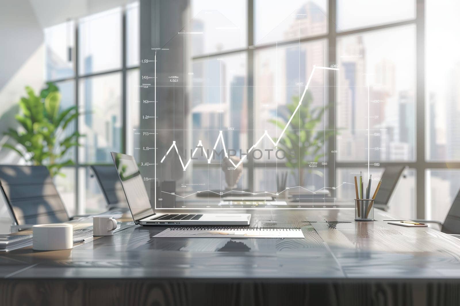 Bright office space features large windows, greenery, and workstations as professionals engage with digital analytics and collaboration tools.