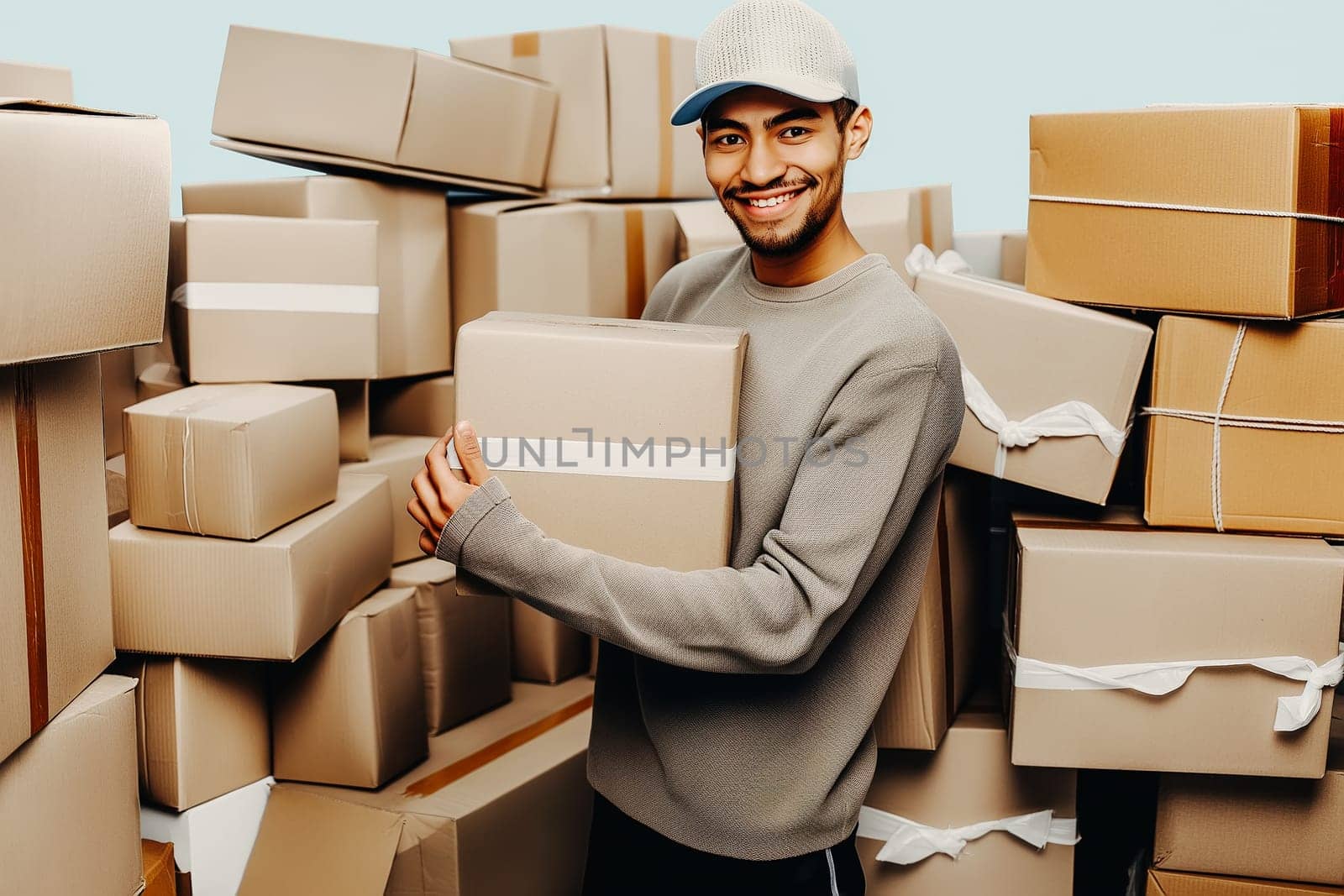 Confident young delivery man carrying cardboard boxes