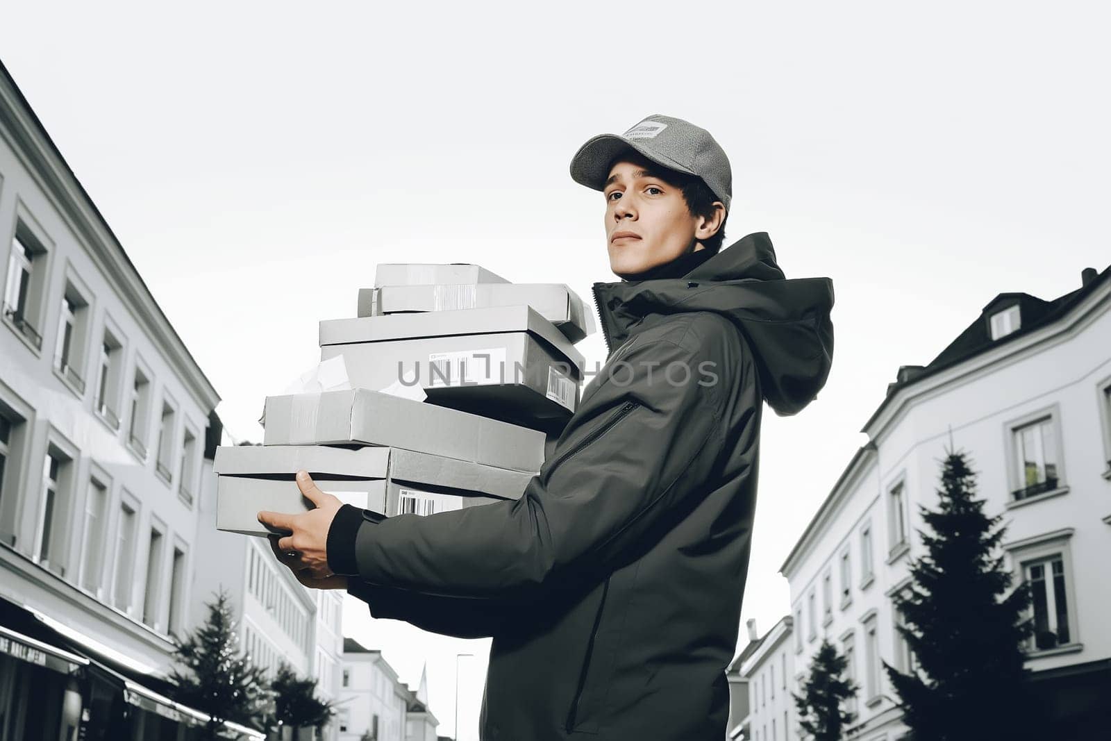 Confident young delivery man carrying cardboard boxes