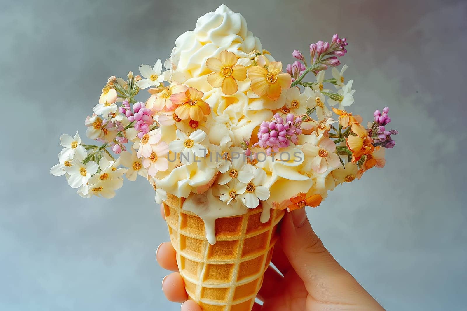 Fashion food set of Ice cream cone with flowers. Minimalist design