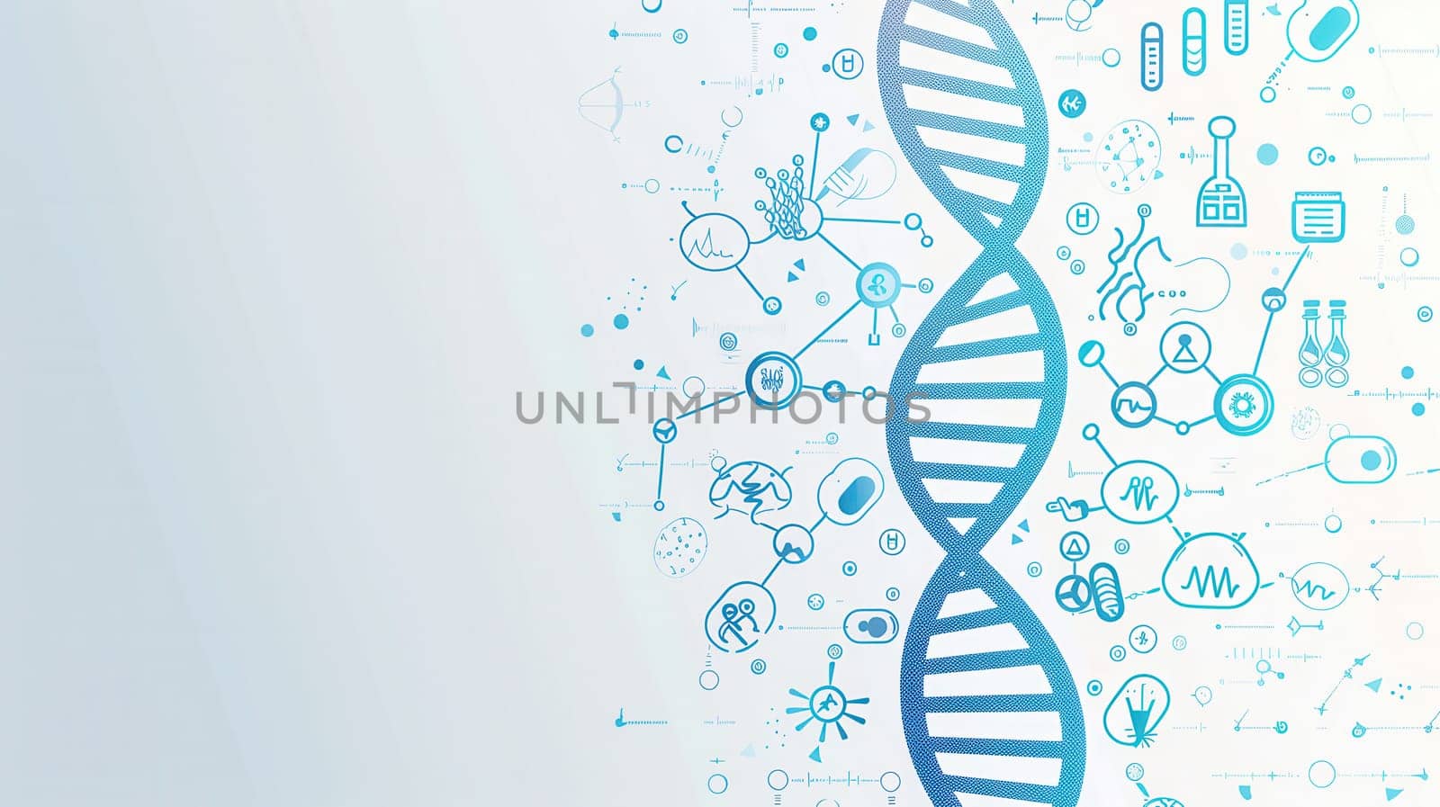 A double helix DNA strand is encircled by various medical icons, illustrating the connection between genetics and healthcare advancements.