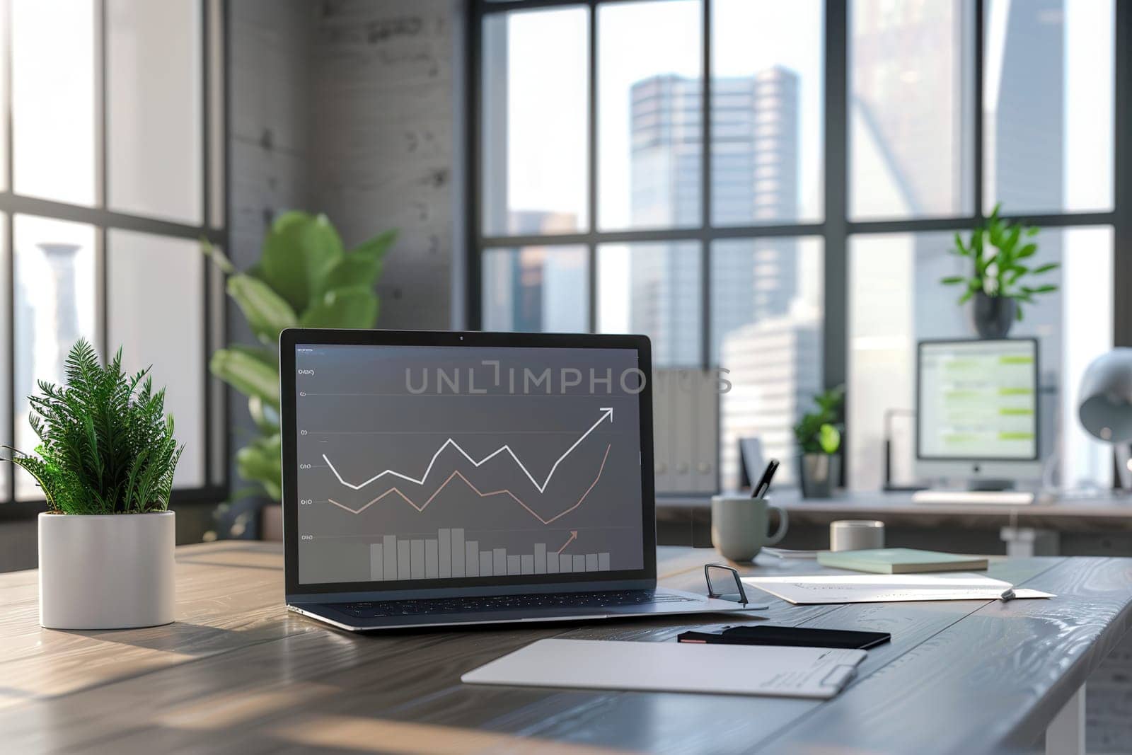 A contemporary office features a laptop displaying rising graphs, plants, and a clean workspace illuminated by natural light from large windows.