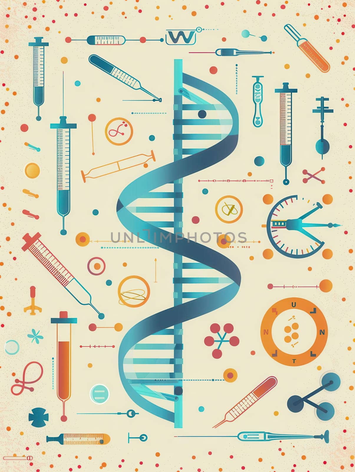 A double helix DNA strand is encircled by medical icons including microscopes, test tubes, and stethoscopes, representing the intersection of biology and medicine.