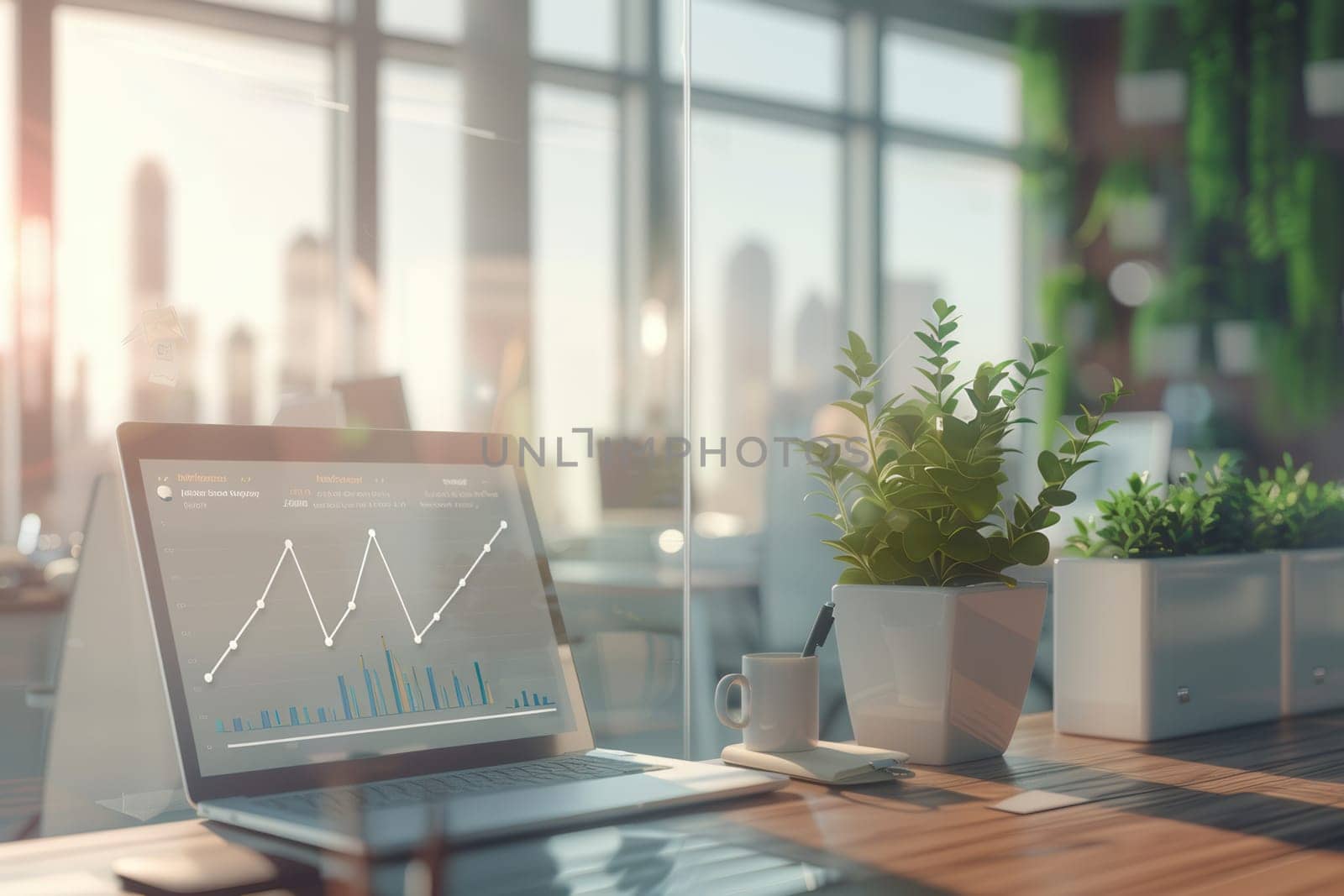 A sleek office features a laptop displaying data trends, alongside greenery and a coffee cup, illuminated by warm sunset light through expansive windows.