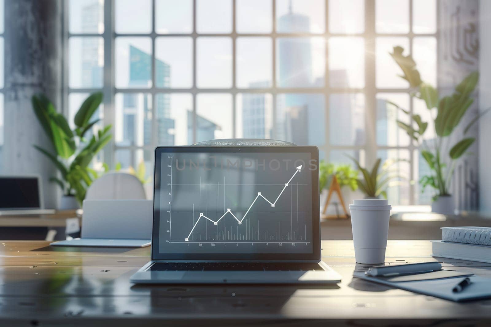 A sleek office filled with natural light features a laptop displaying a rising graph and a warm beverage on a desk surrounded by greenery.