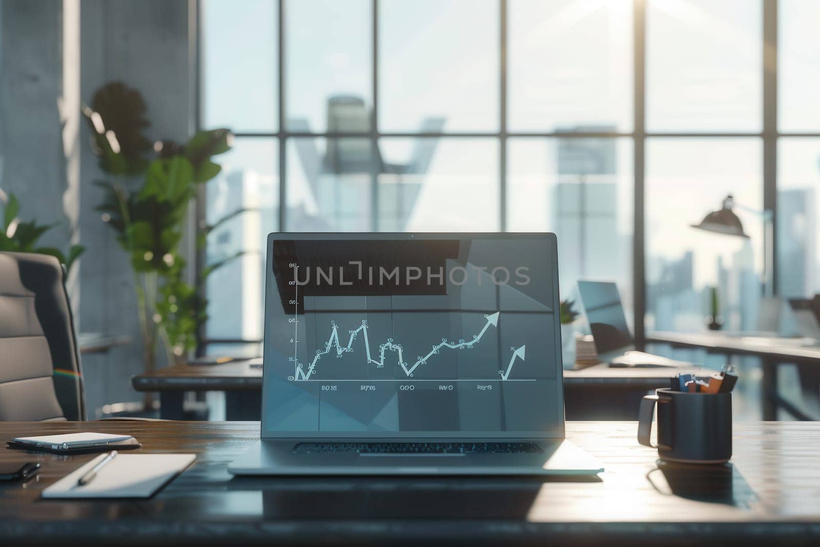 A sleek office showcases a laptop displaying analysis graphs, illuminated by sunlight streaming through large windows, creating a productive atmosphere.