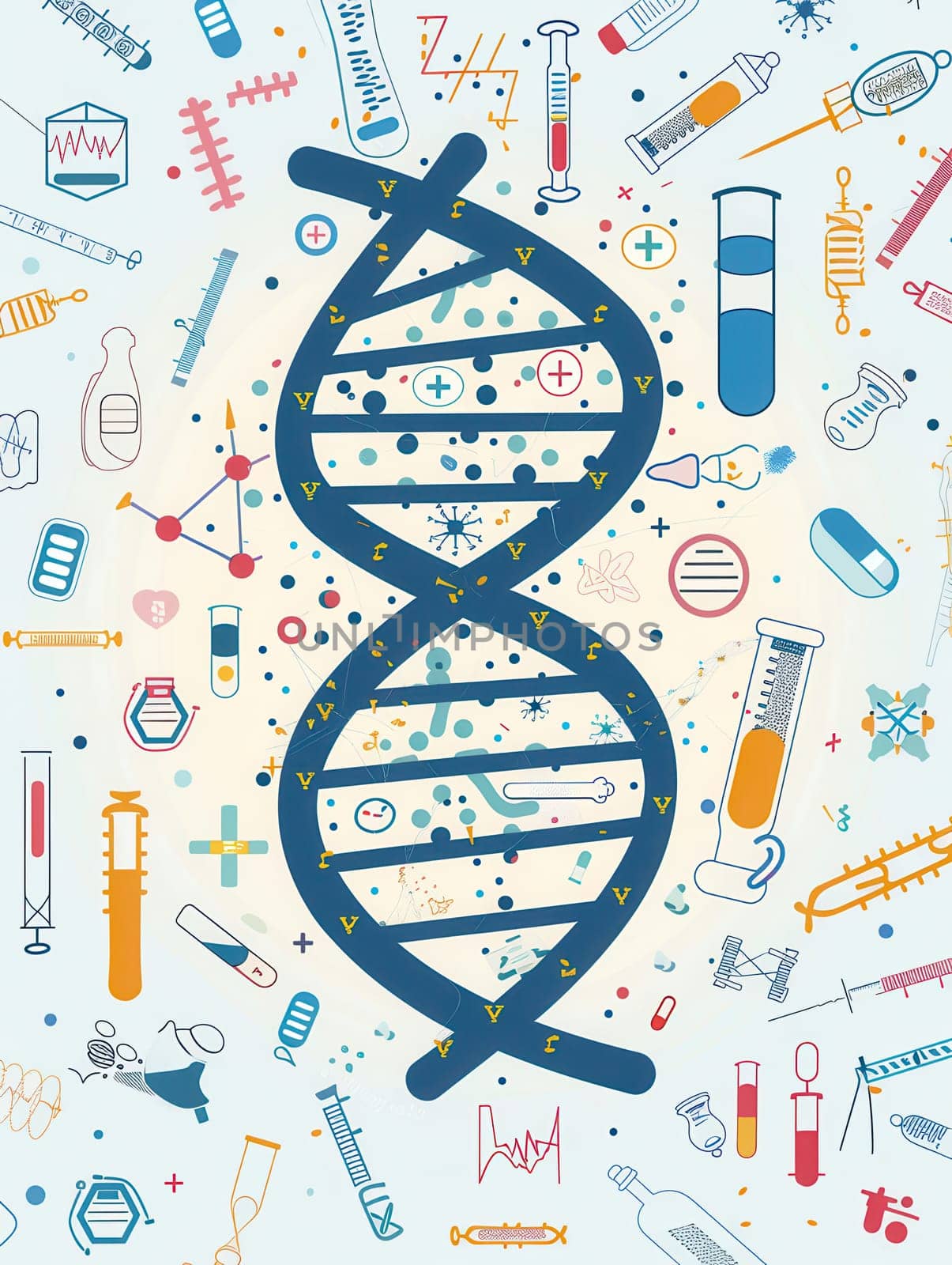 A double helix DNA structure is depicted with various medical icons including microscopes, test tubes, and stethoscopes reflecting scientific exploration.