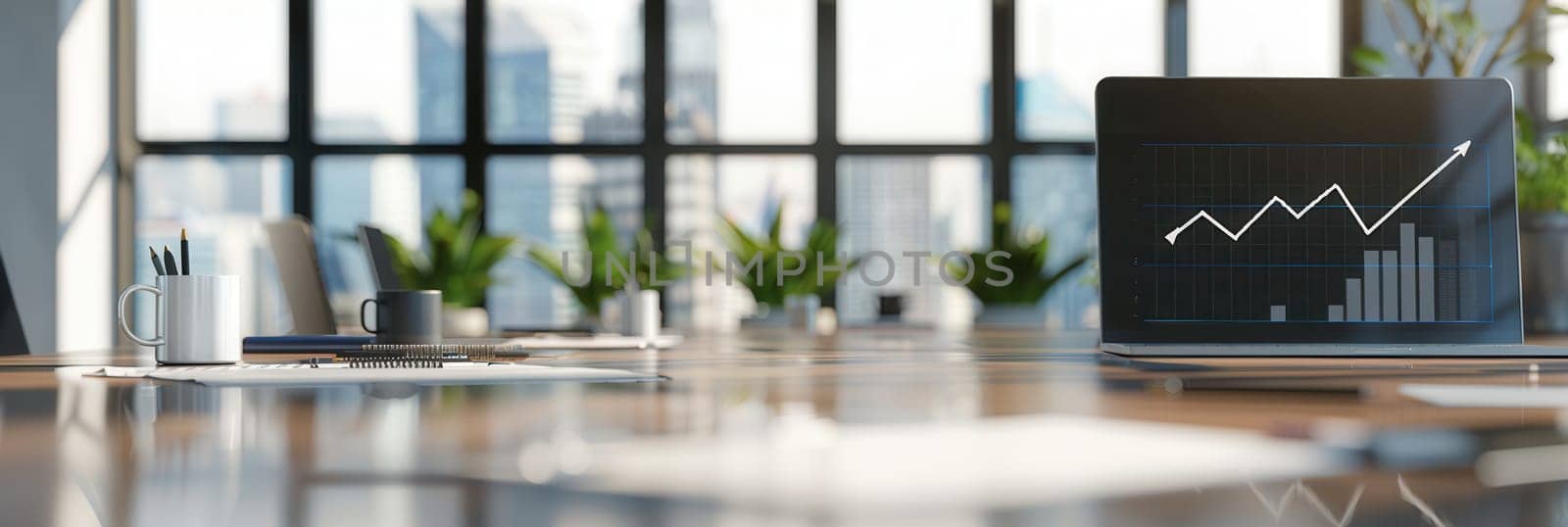 Natural light fills a sleek office space featuring a laptop with a growth chart, surrounded by plants and a stylish workspace.