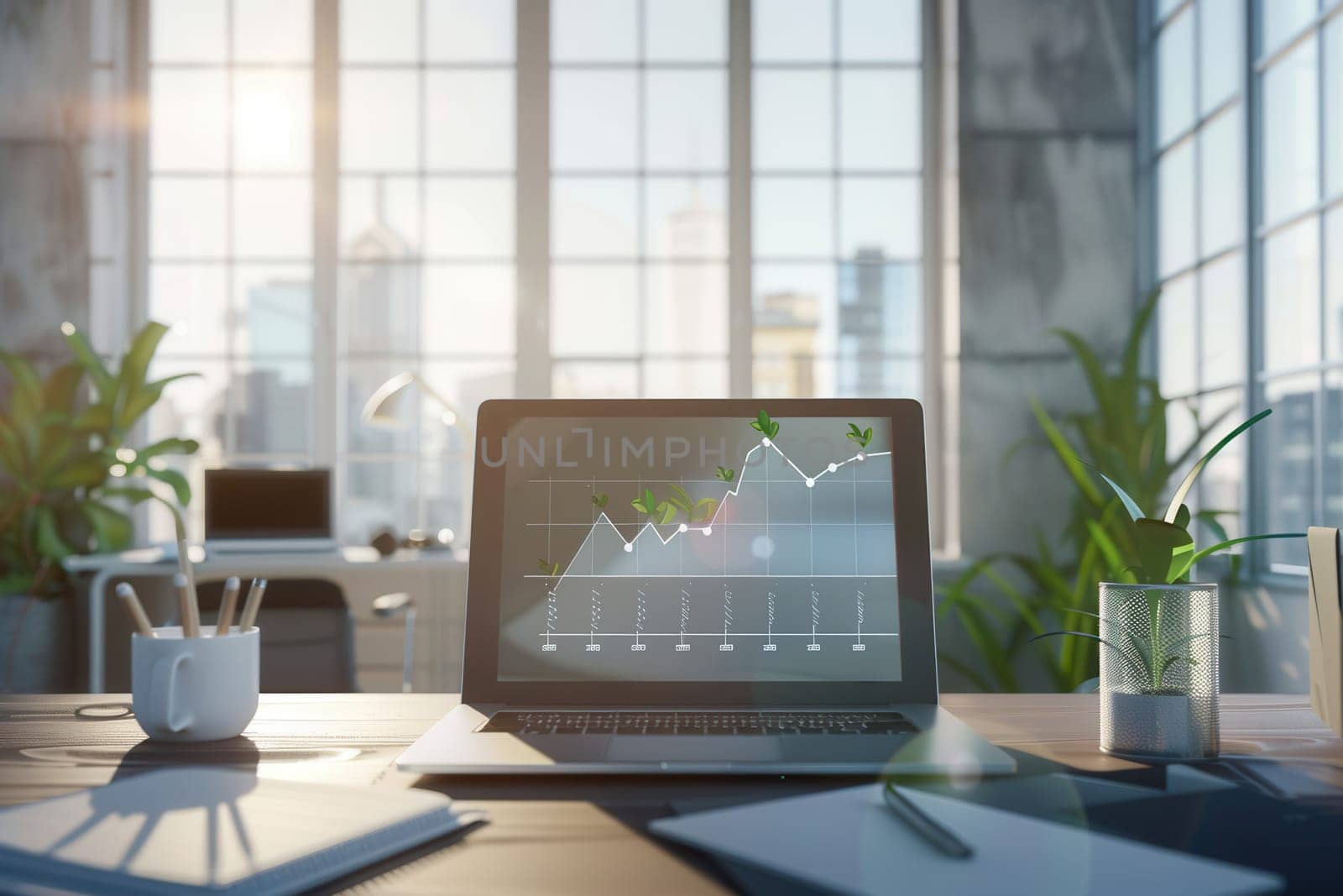 A modern office features large windows allowing sunlight, with a laptop displaying a rising graph, plants, and a tidy desk setup enhancing productivity.