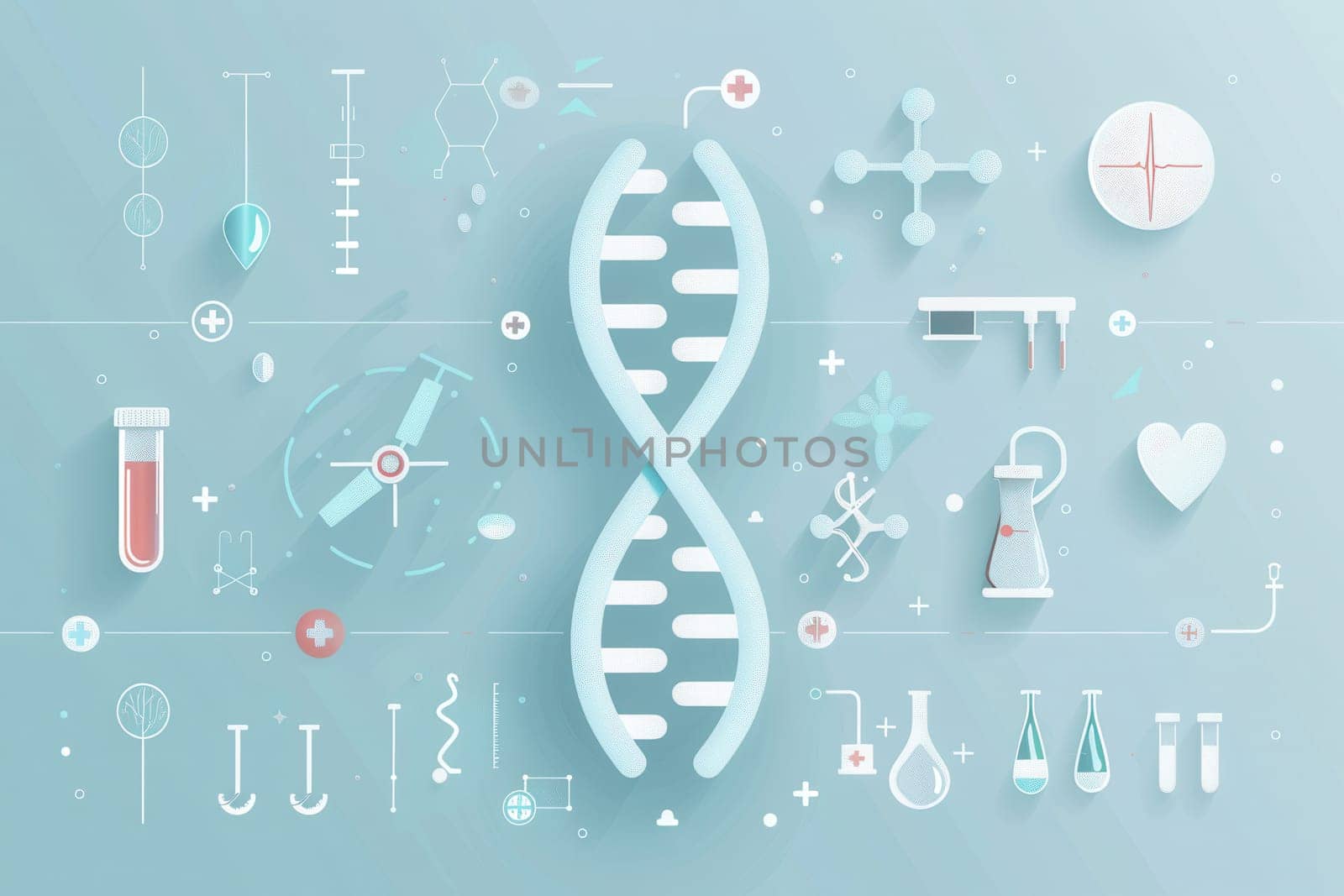 A double helix DNA strand is surrounded by medical icons like microscopes, test tubes, and stethoscopes, illustrating the connection between genetics and healthcare.