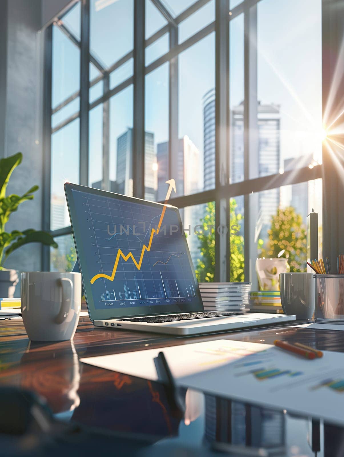 Sunlight floods the contemporary office filled with plants, highlighting a laptop displaying an upward trend graph and a serene workplace atmosphere.