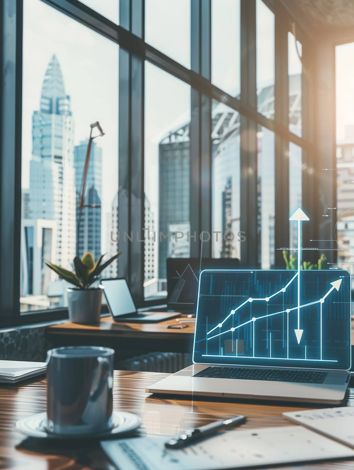 A modern office features large windows, showcasing a skyline view while a laptop displays an upward-trending graph during early morning.