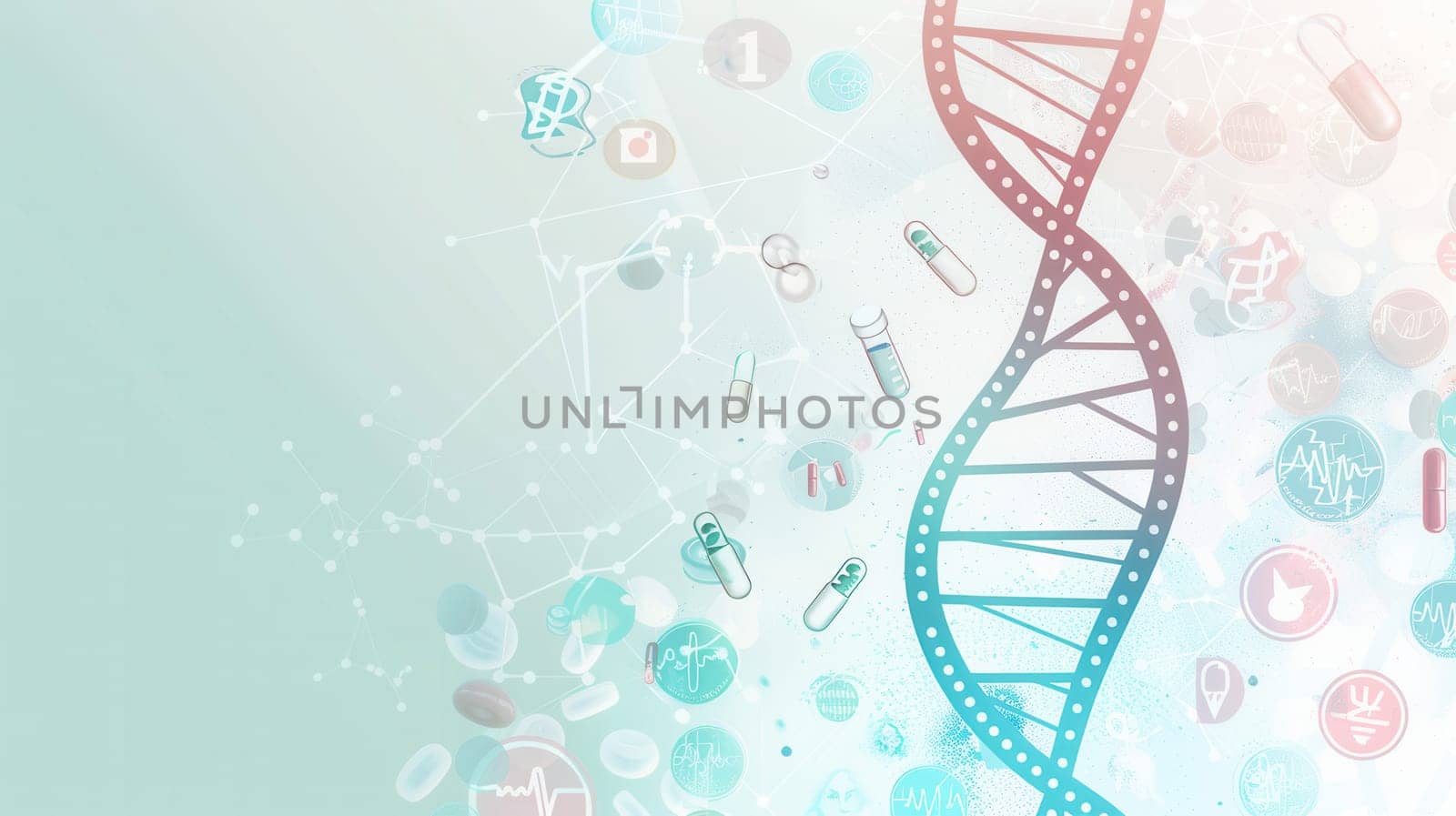 A double helix DNA strand is surrounded by medical icons like microscopes and test tubes, representing the convergence of genetics and healthcare.