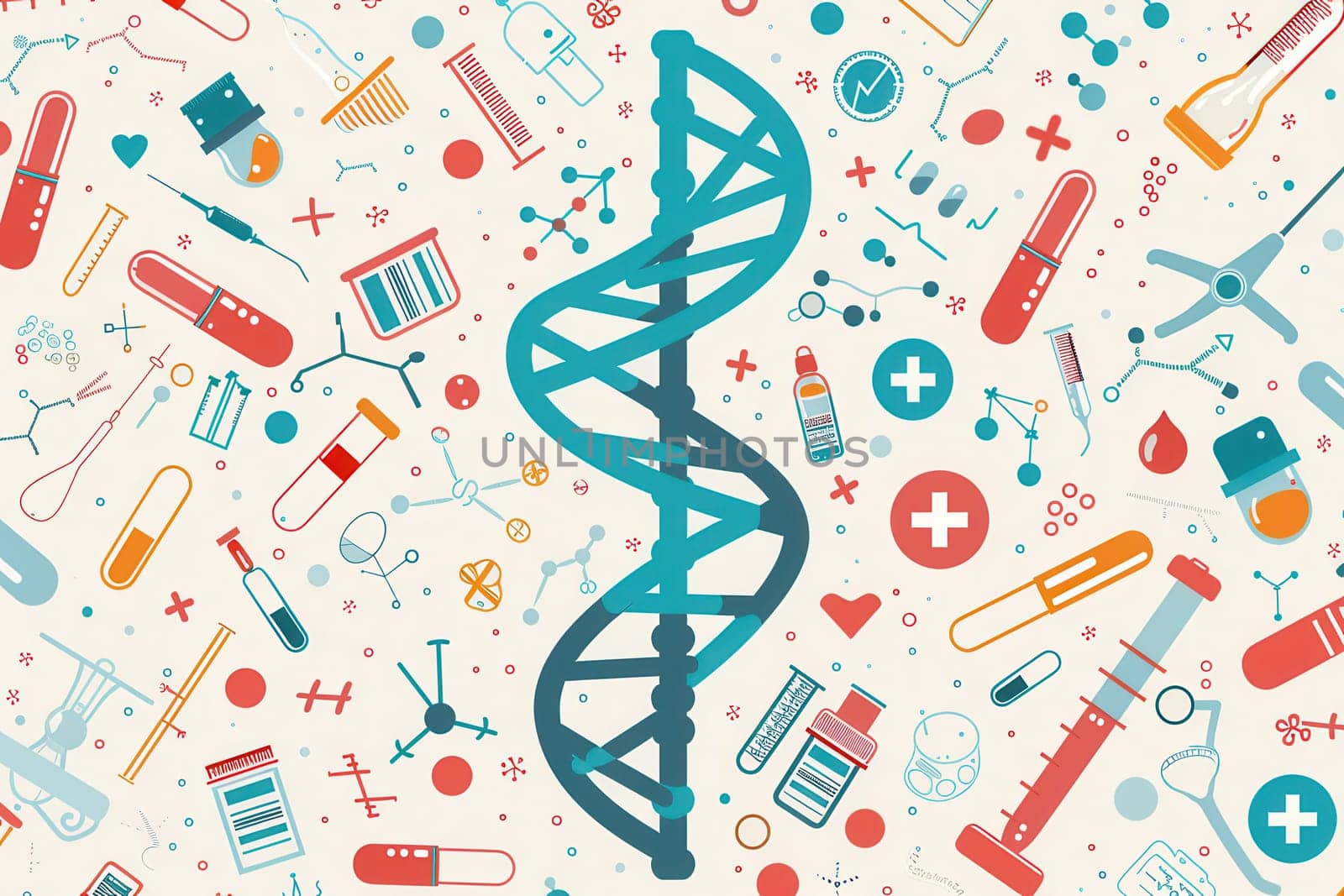 A vibrant double helix DNA strand is encircled by various medical icons, showcasing the intersection of genetics and healthcare.