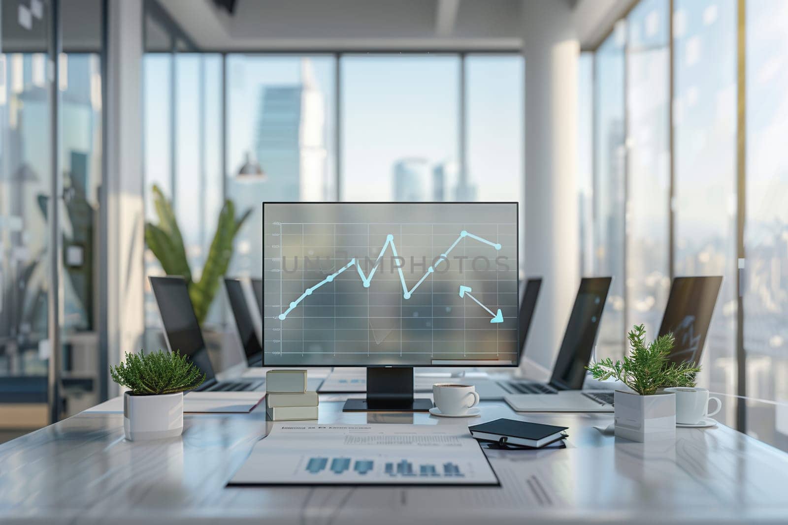 A bright and stylish office filled with natural light, showcasing multiple computer monitors displaying growth charts and a clean desktop environment.