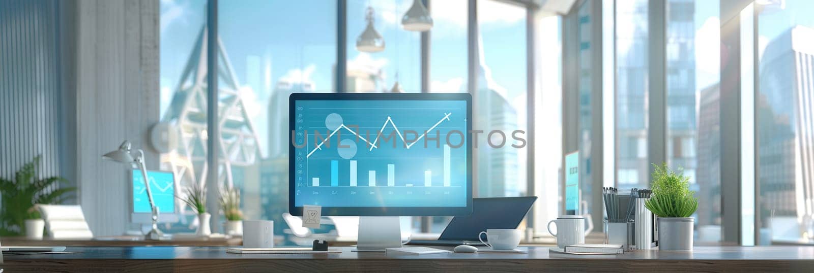A bright office features large windows, a stylish desk with a computer displaying graphs, and greenery, creating an inviting workspace.