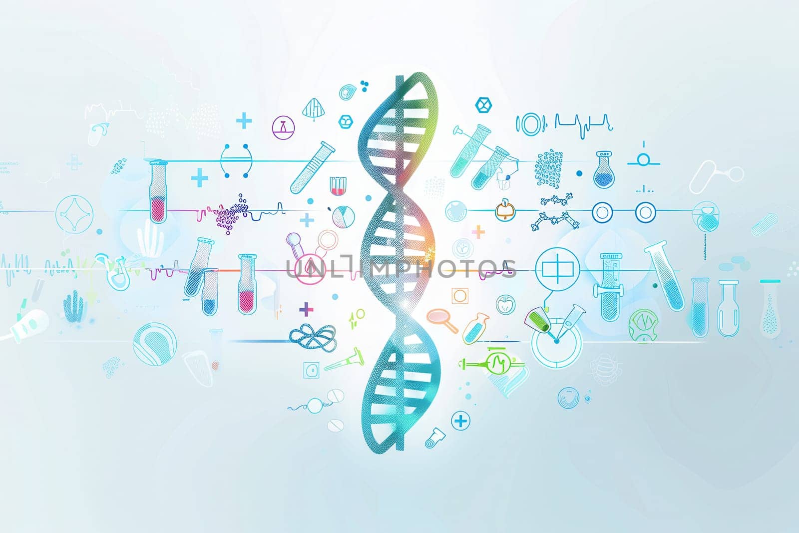 A vibrant double helix DNA strand is surrounded by various medical symbols, representing the essence of contemporary biomedical exploration and innovation.