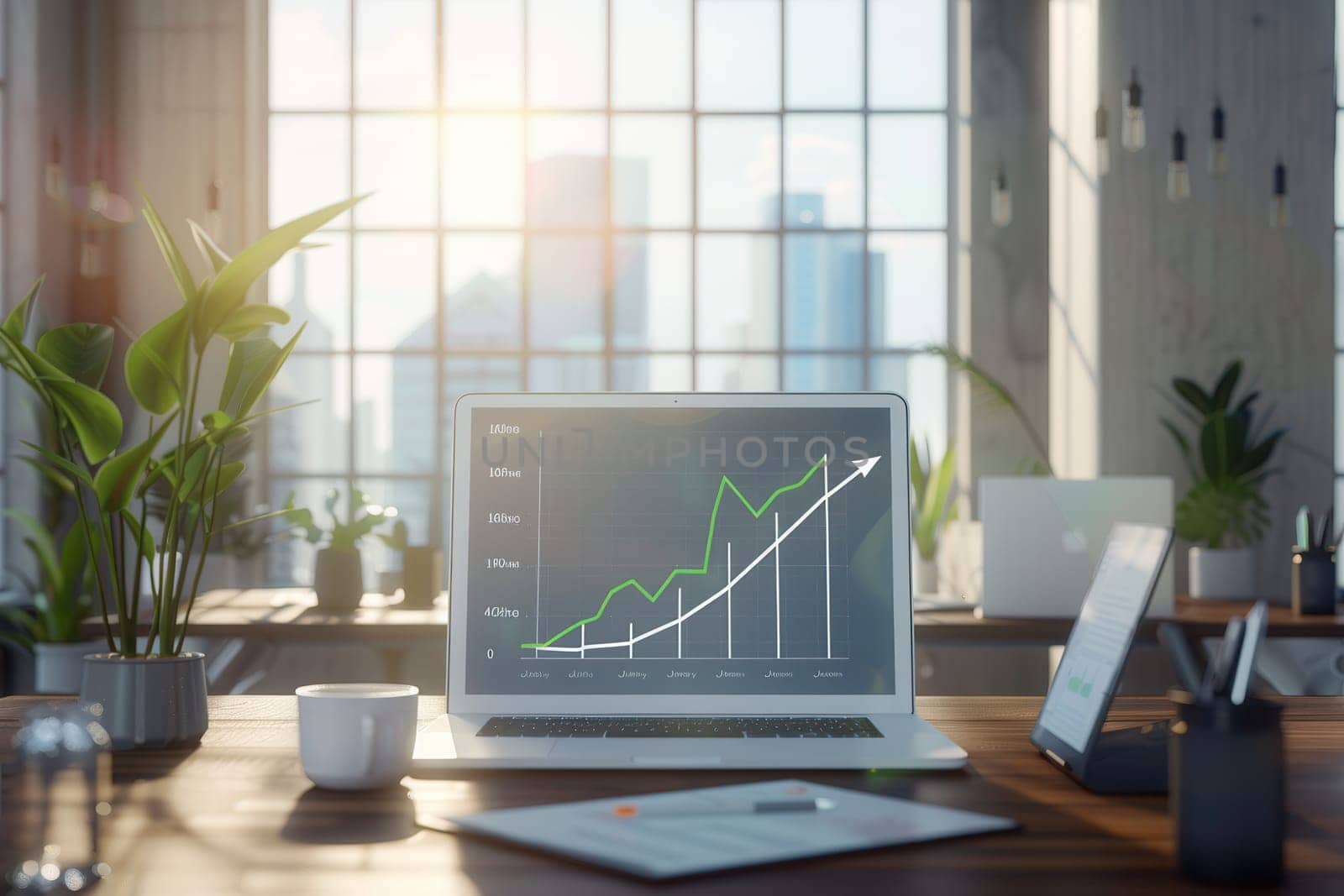 A sleek office with large windows showcases a laptop displaying a growth chart, surrounded by plants and natural light during daytime hours.