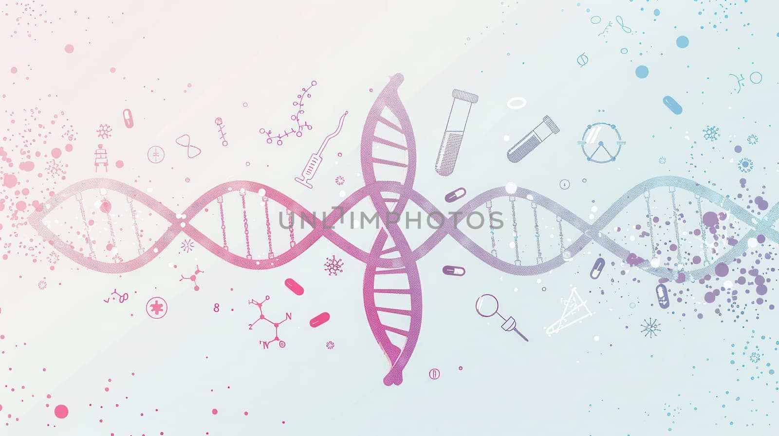 A double helix DNA strand is depicted amidst various medical icons, including microscopes, test tubes, and stethoscopes, symbolizing genetic research.