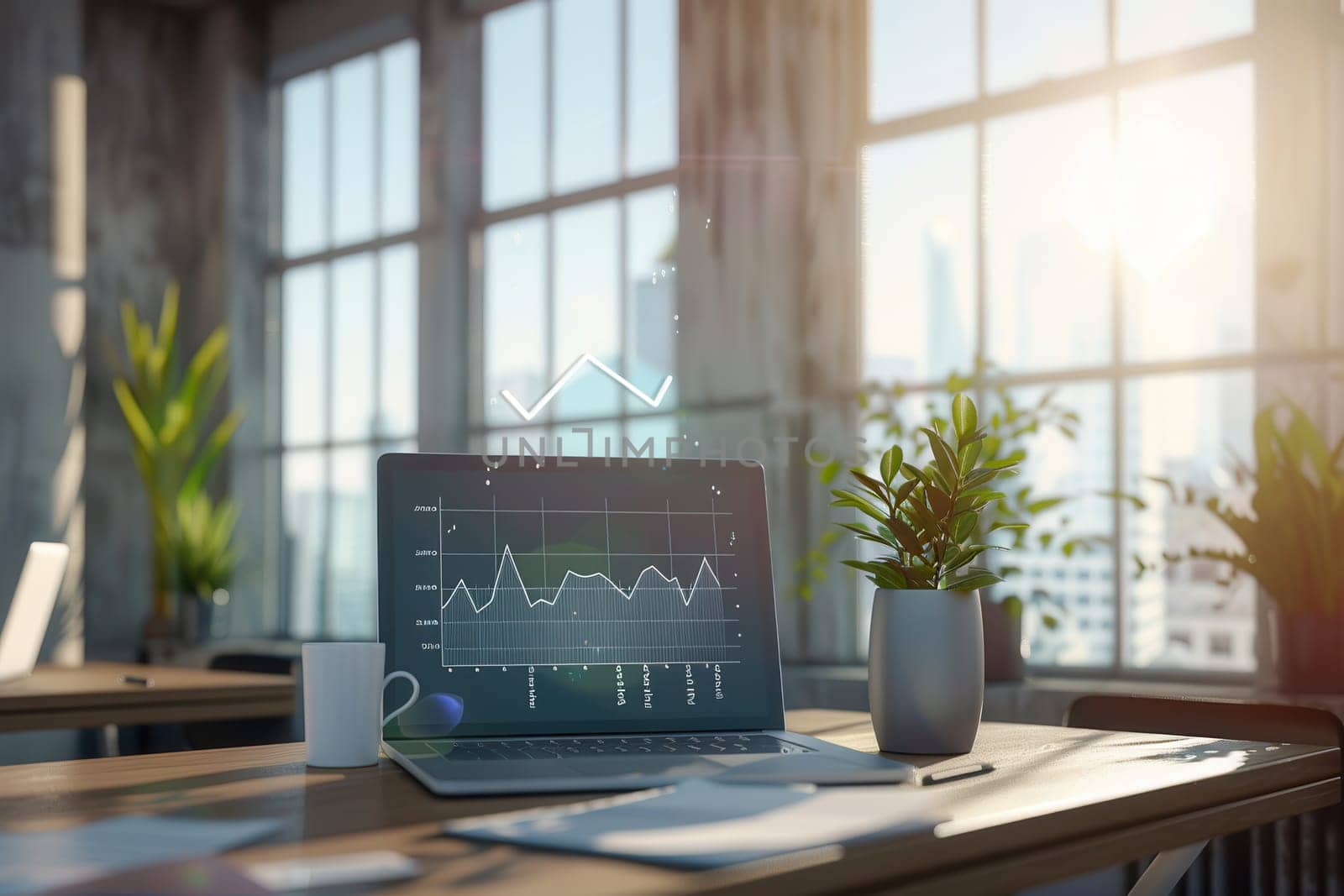 Natural light pours into a sleek office, highlighting a laptop with data graphs, surrounded by plants and a coffee cup, creating an inspiring work environment.