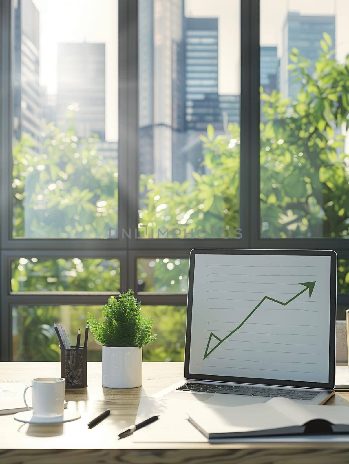 A sleek office features a laptop displaying growth trends beside a coffee cup and greenery, all illuminated by sunlight streaming through large windows.